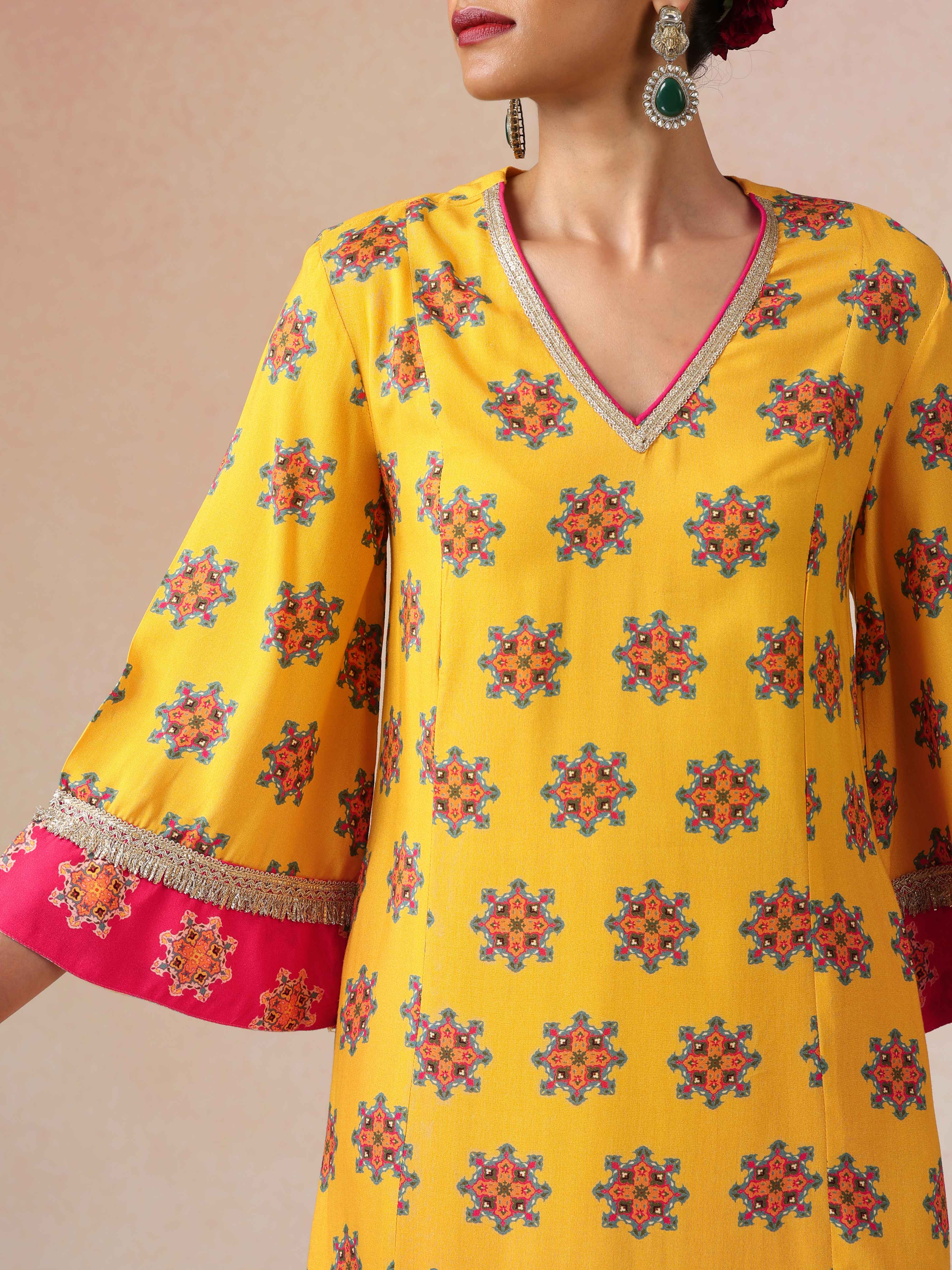 trueBrowns Yellow Boota Print Viscose A-line Kurta Set