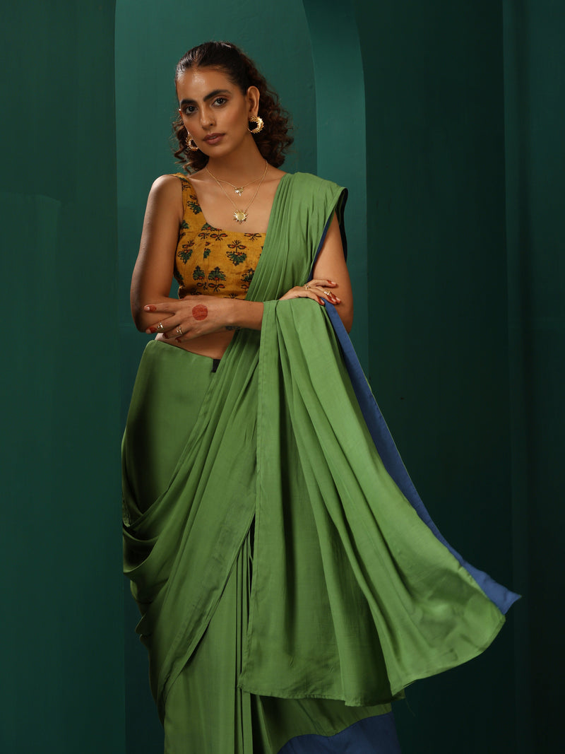trueBrowns Green Muslin Silk Ready to Wear Saree