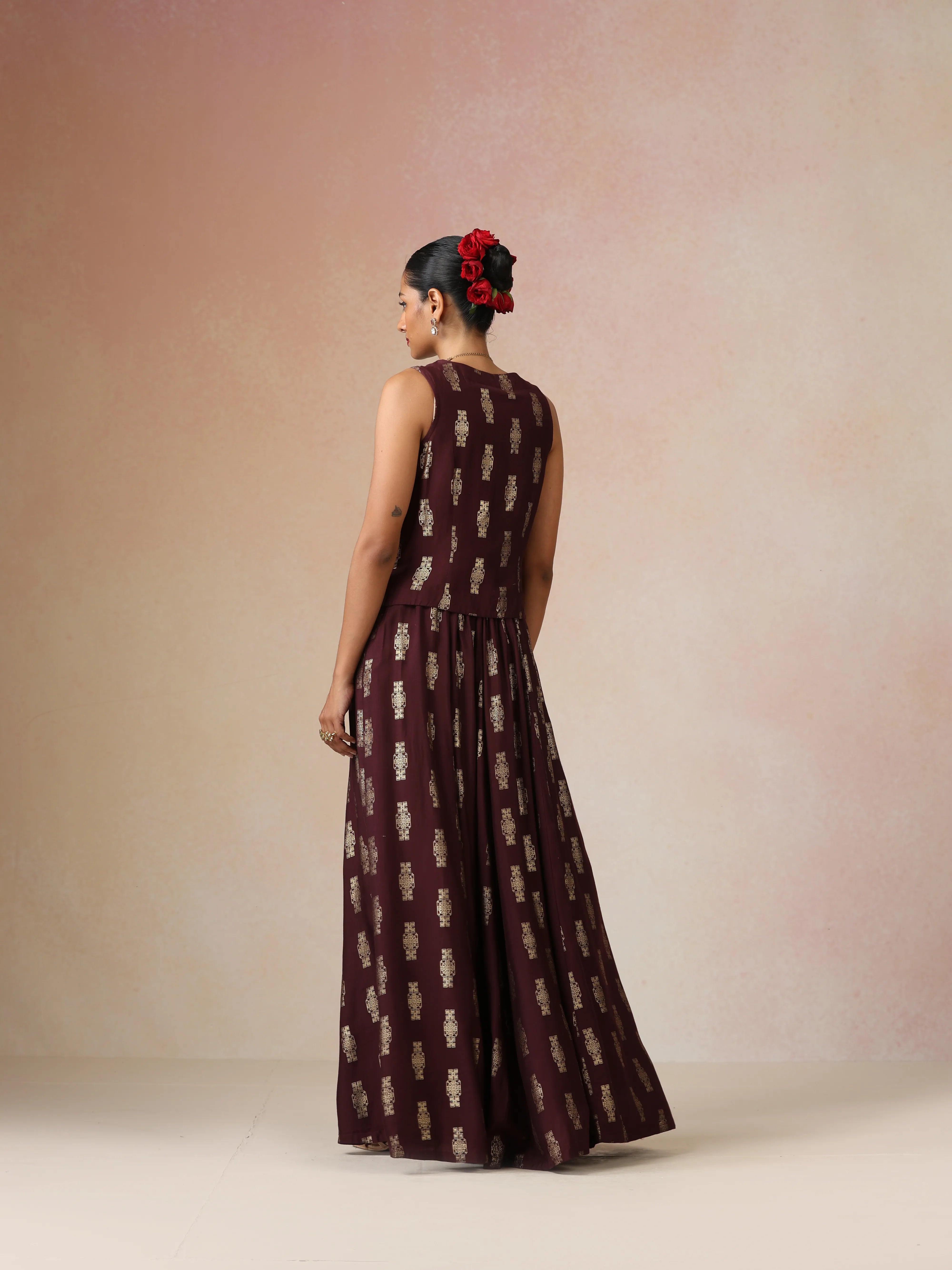 trueBrowns Cola Gold Foil Print Muslin Silk Jacket Skirt Co-ord Set