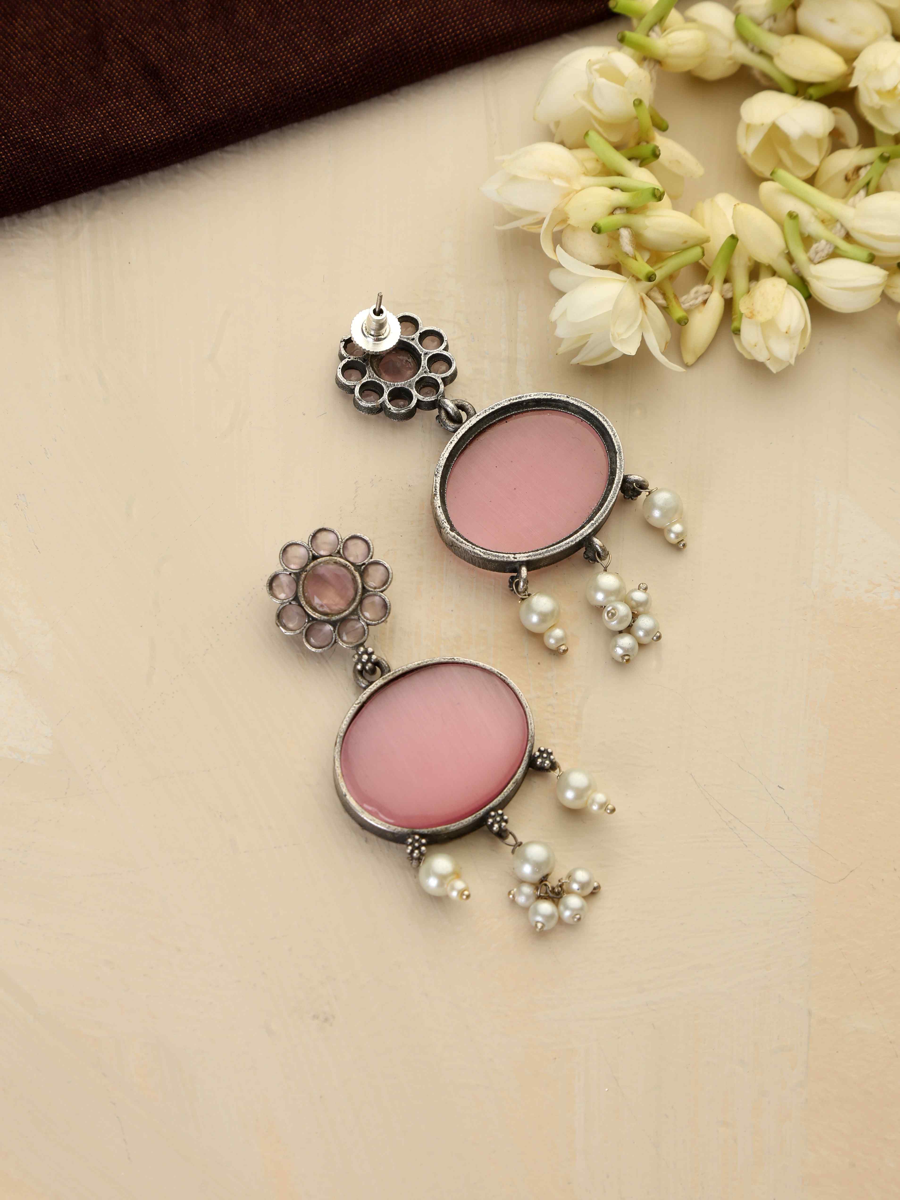 trueBrowns Silver Tone Pink Stone Dangle Earrings