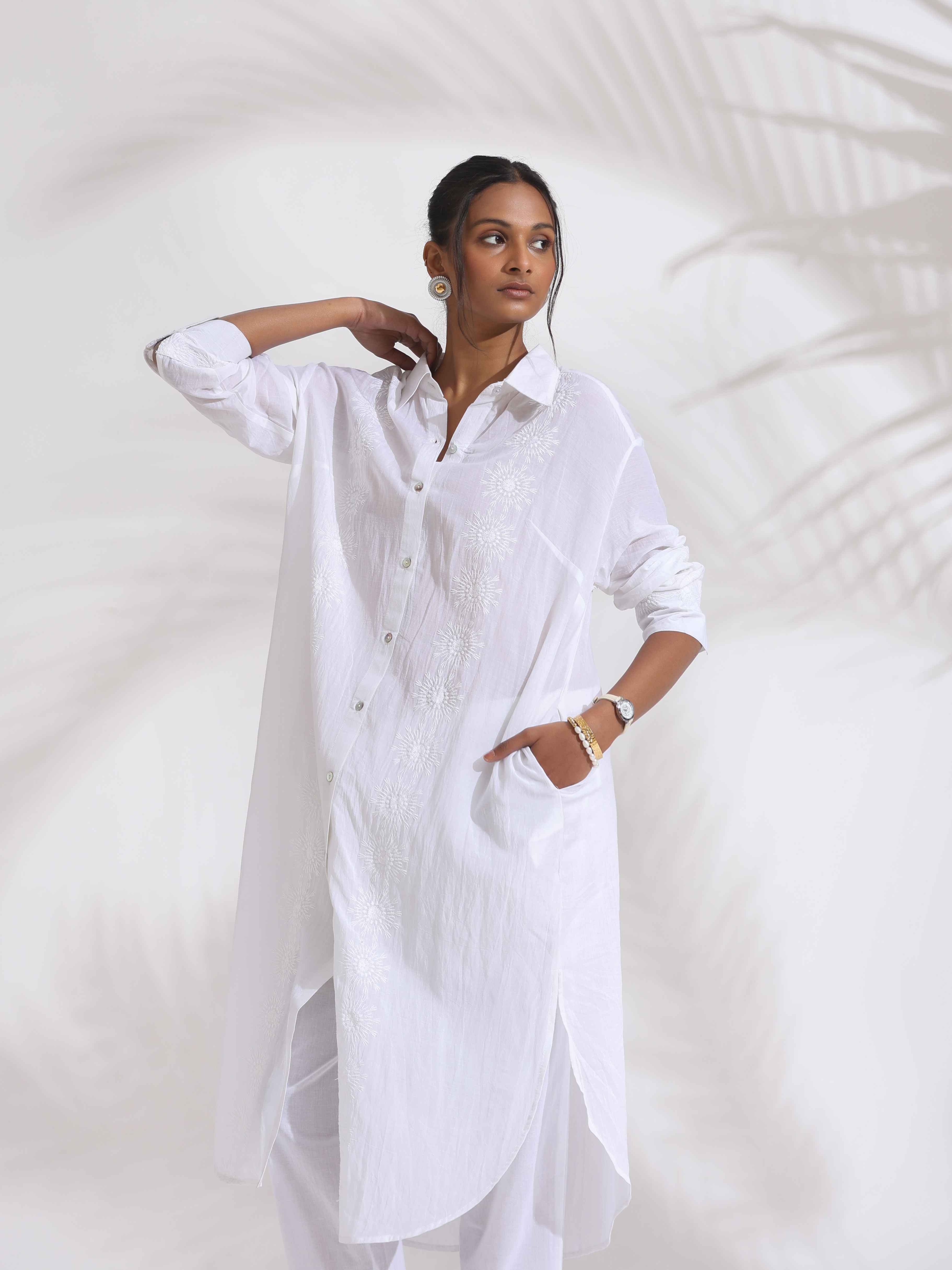 trueBrowns White Cotton Schiffli Shirt Kurta Set