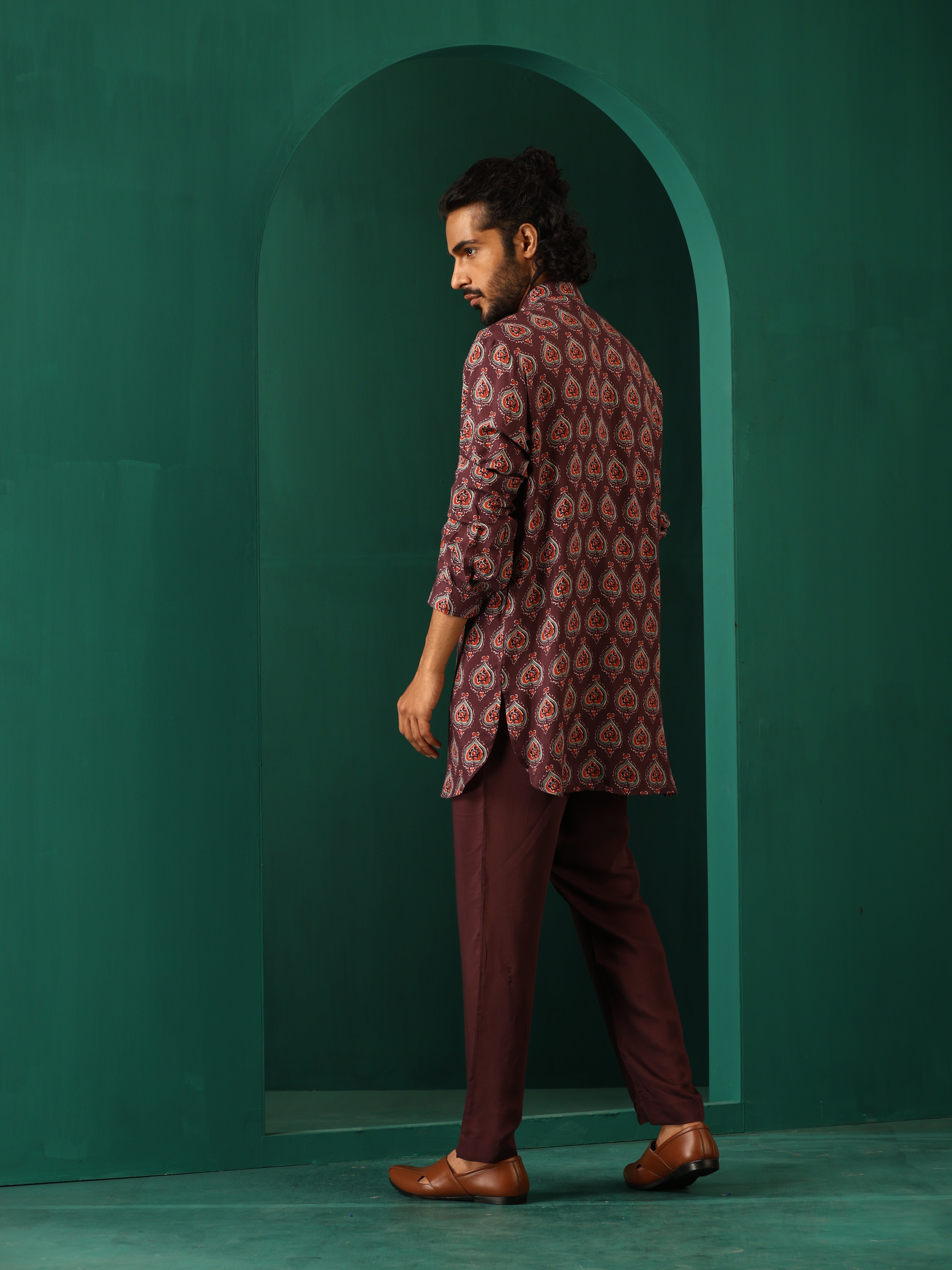 trueBrowns Men's Deep Purple Paan Muslin Silk Printed Co-ord Set