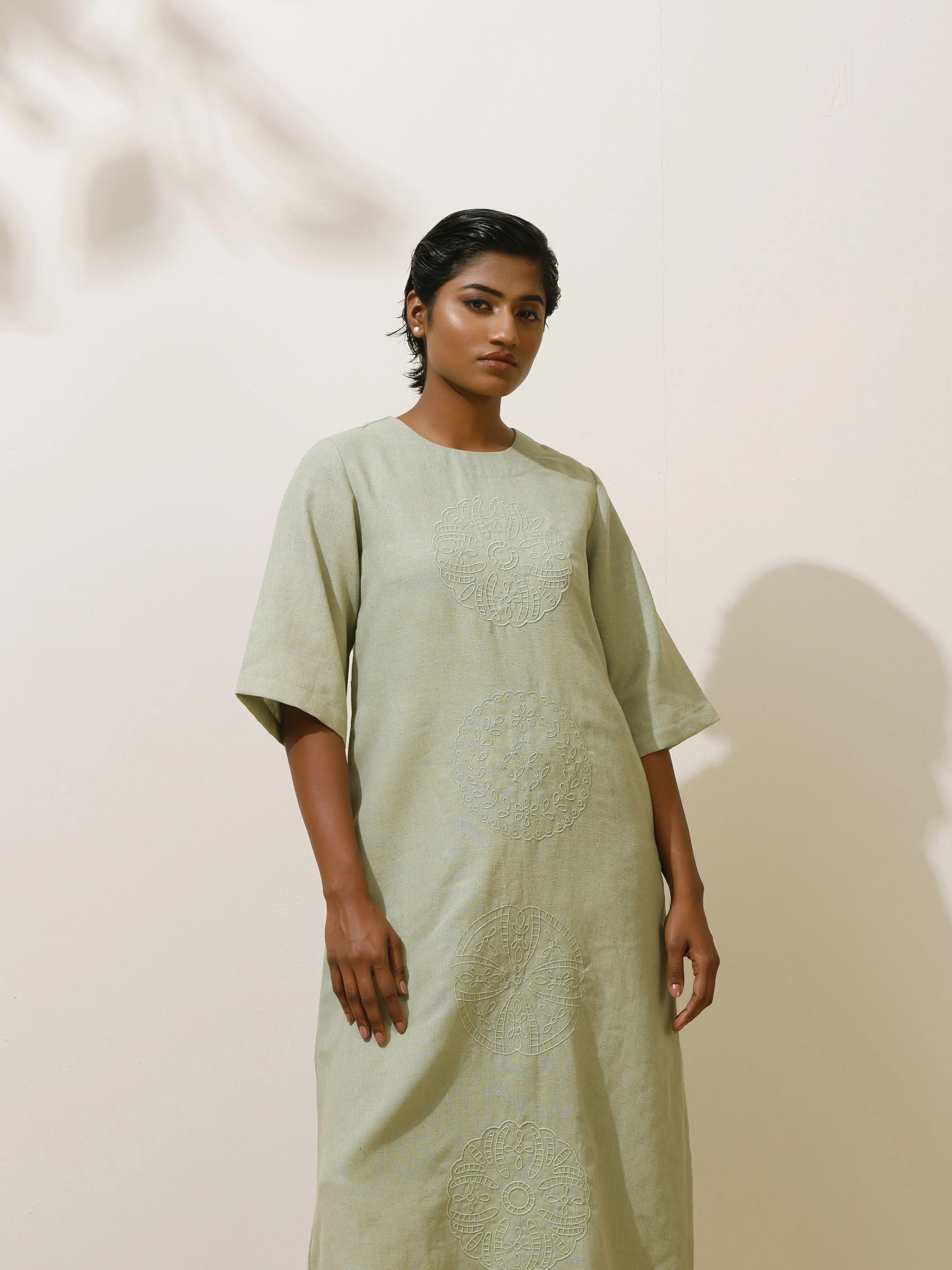 trueBrowns Patcholi Green Embroidered Natural Cotton Dress