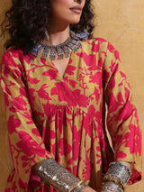 trueBrowns Red Mustard Jaal Print Muslin Silk Anarkali Kurta Set