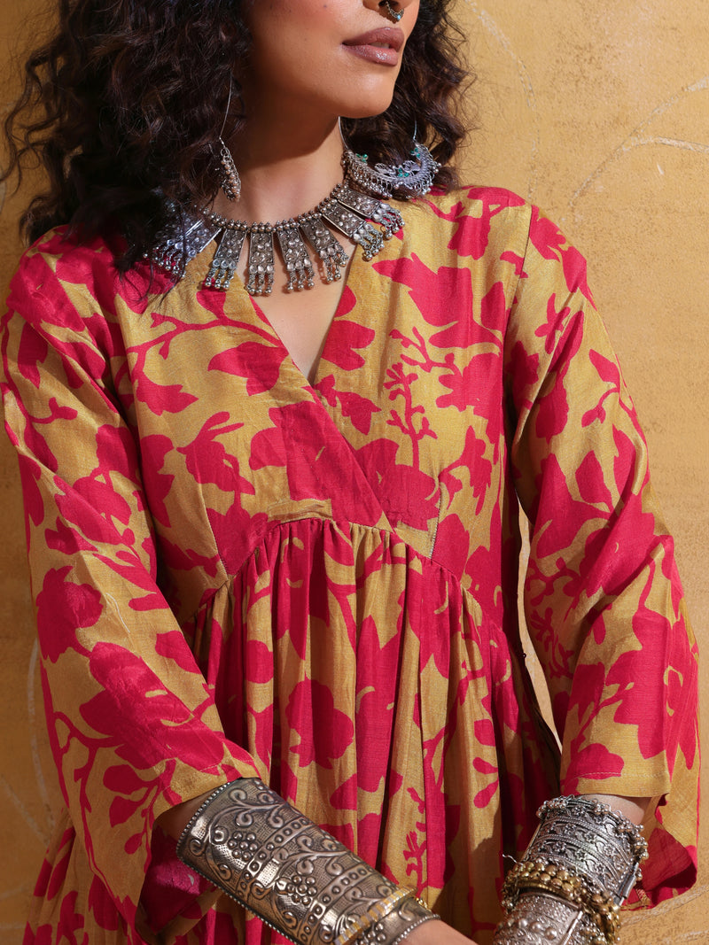 trueBrowns Red Mustard Jaal Print Muslin Silk Anarkali Kurta Set
