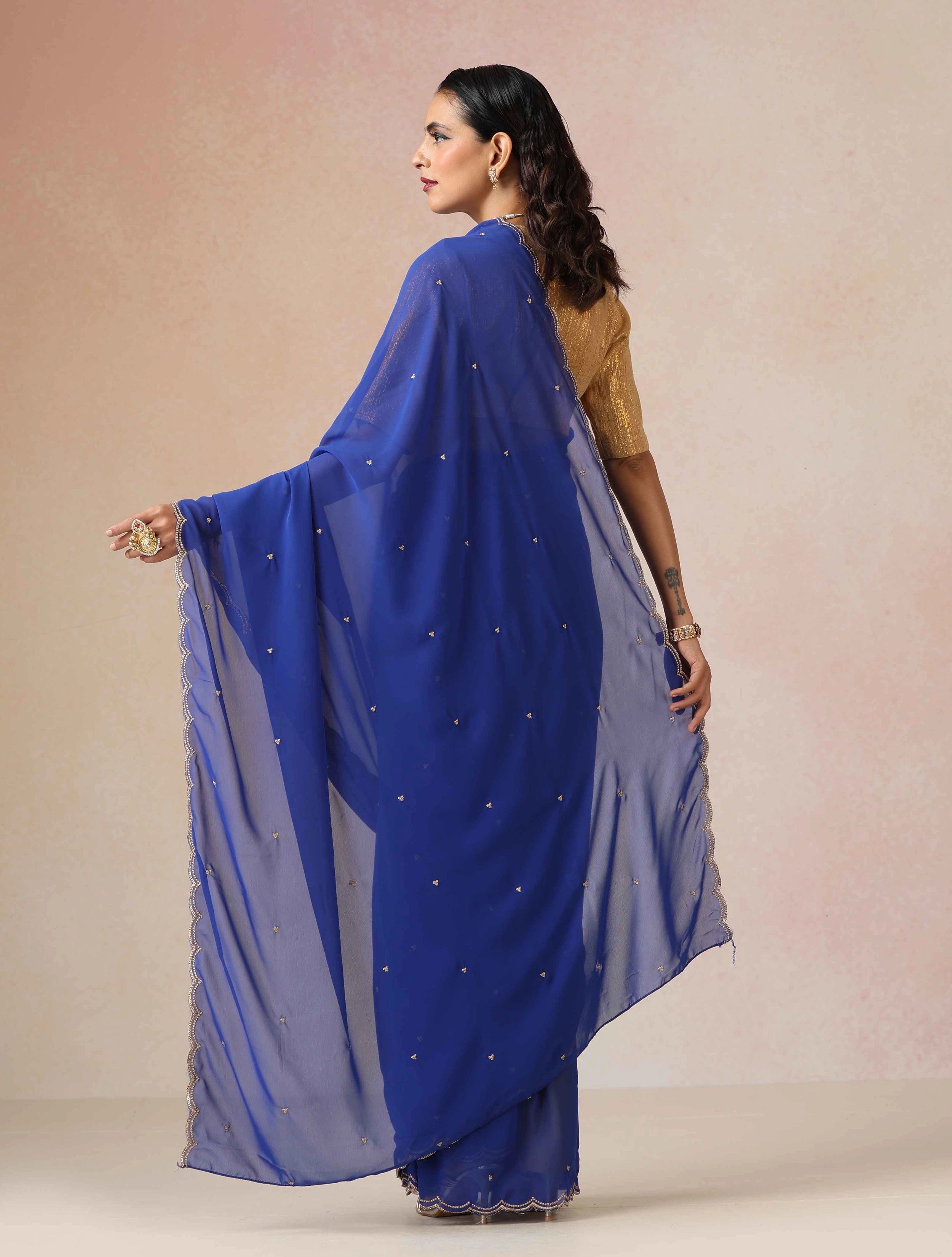 trueBrowns Blue Georgette Embroidered Saree With unstitched Blouse