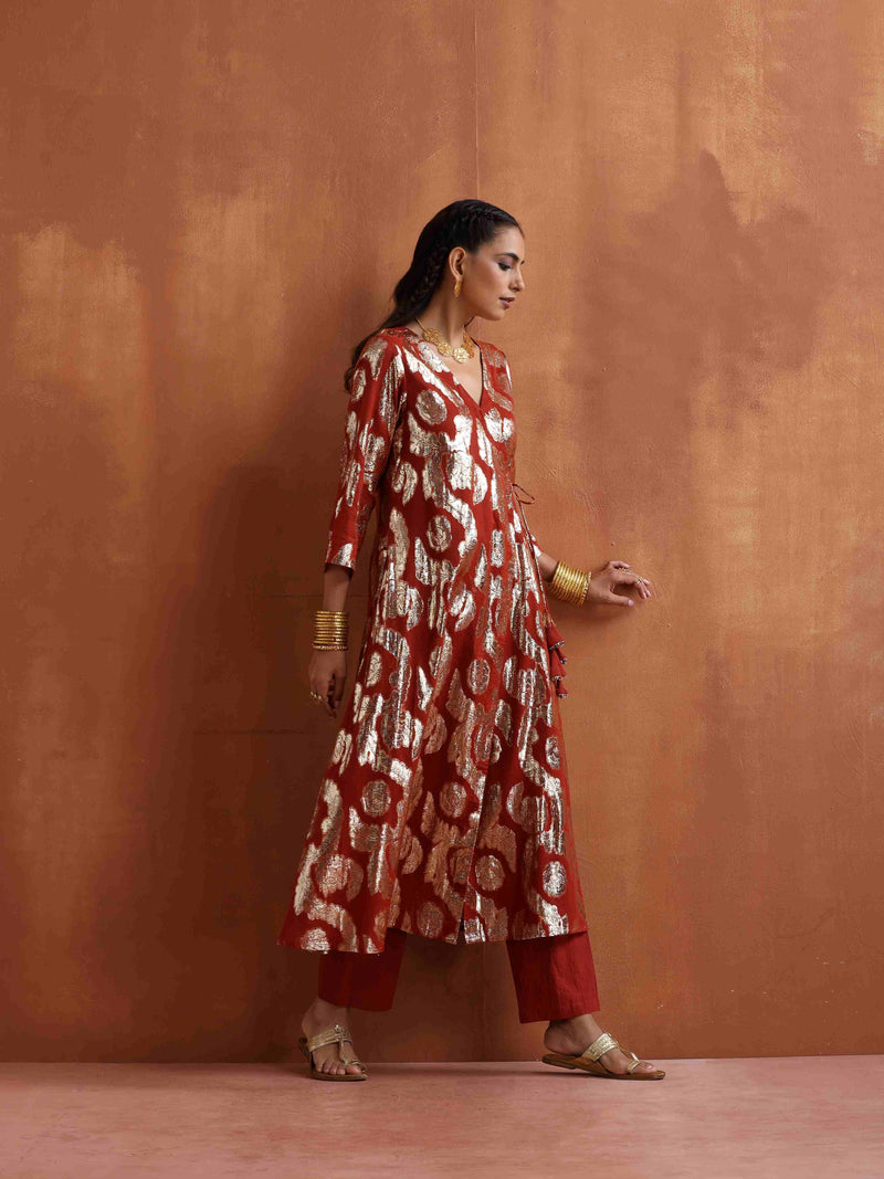 trueBrowns Rust Metallic Angrakha Kurta Set