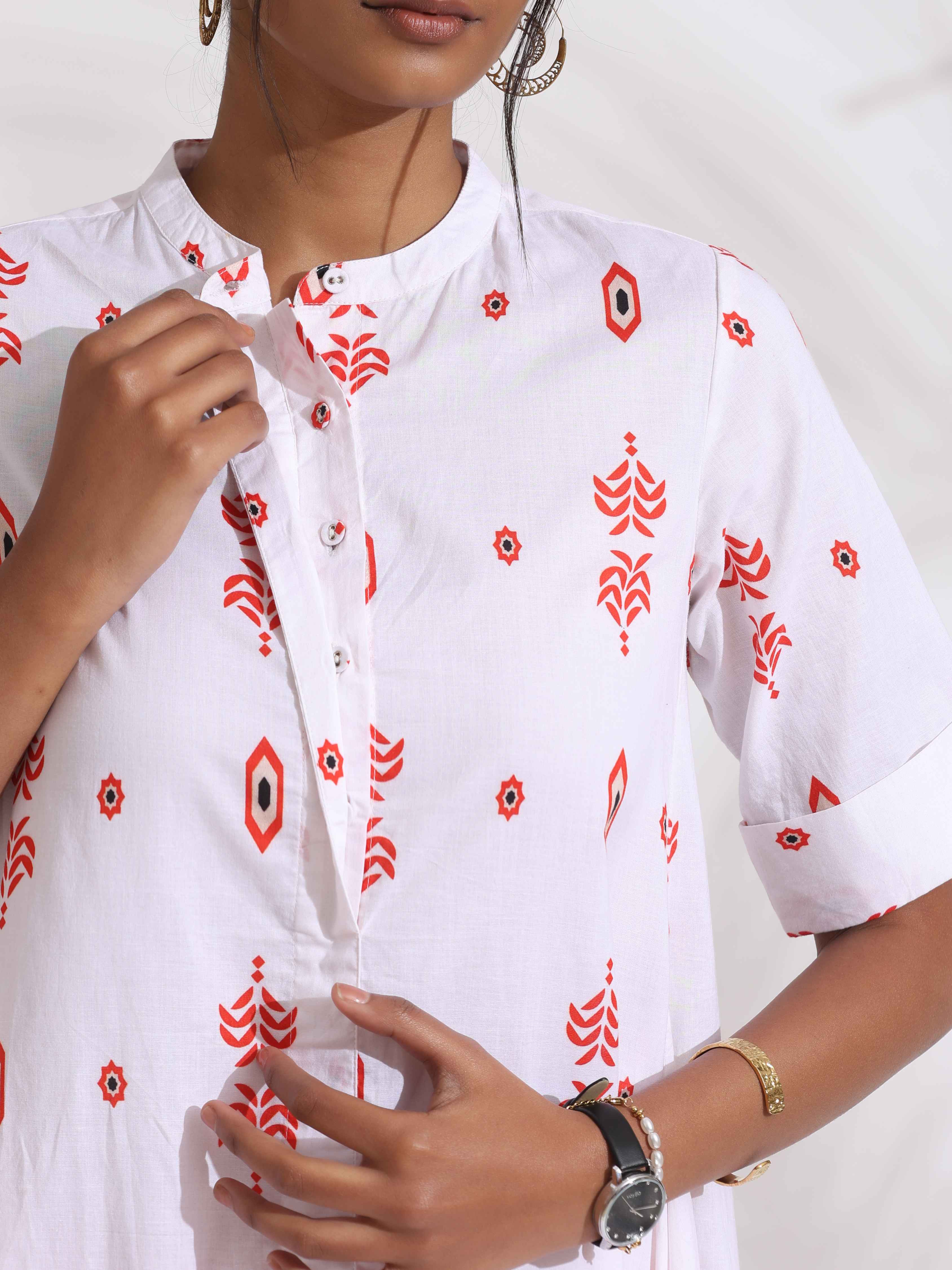 trueBrowns White Cotton Print Flared Kurta Set