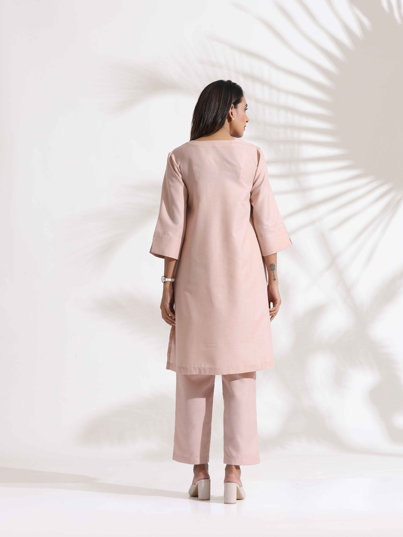 trueBrowns Light Pink Slub Kurta Co-ord Set