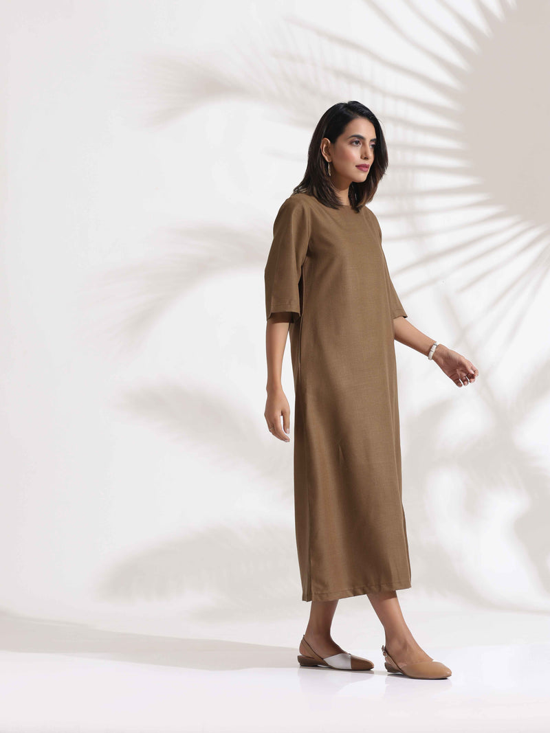 trueBrowns Brown Slub Dress