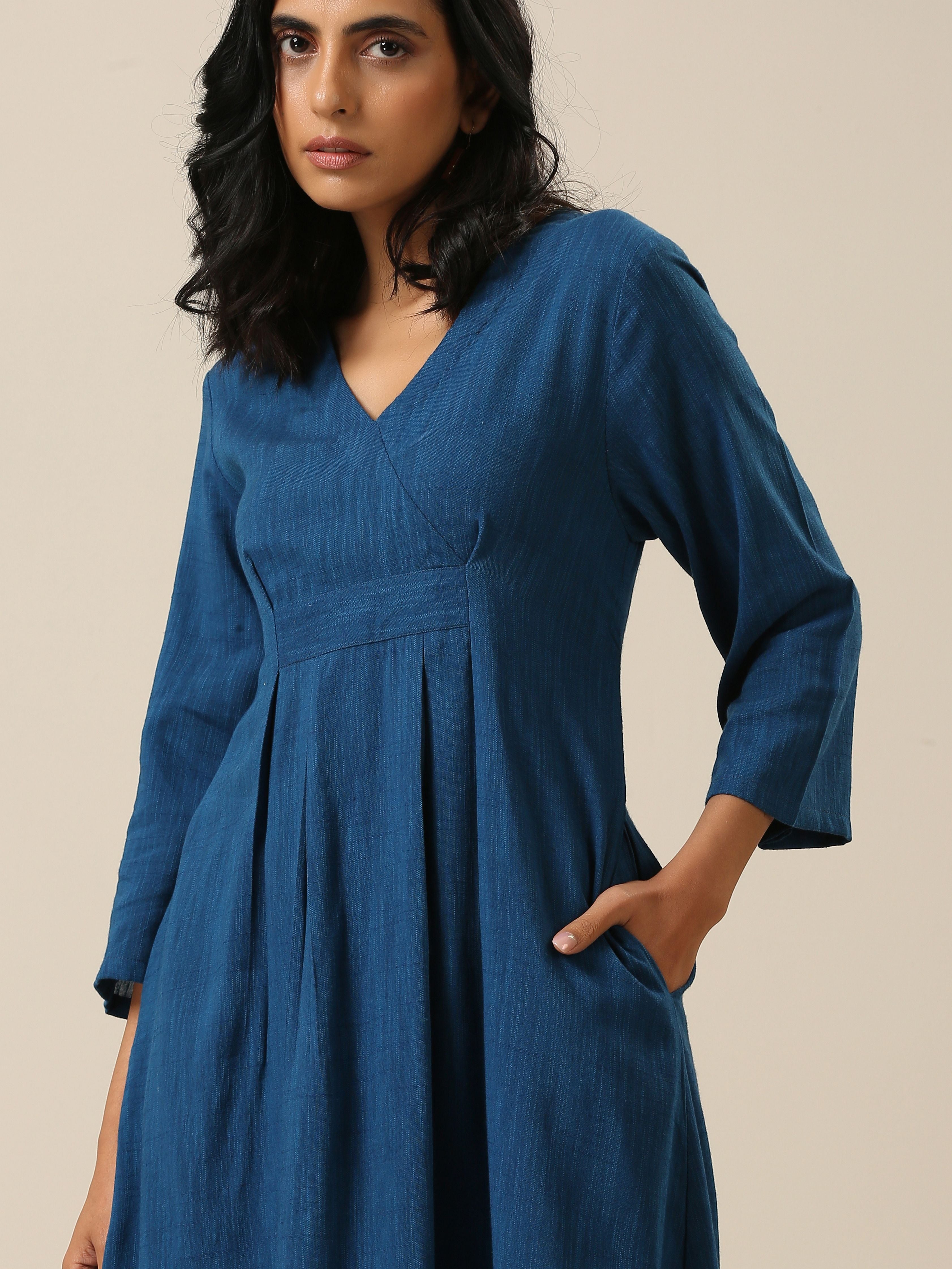 Classic Blue Slub Texture Overlap Pleat Kurta Pant Set