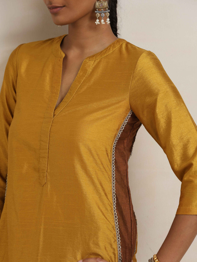 trueBrowns Gold Silk Straight Kurta Set
