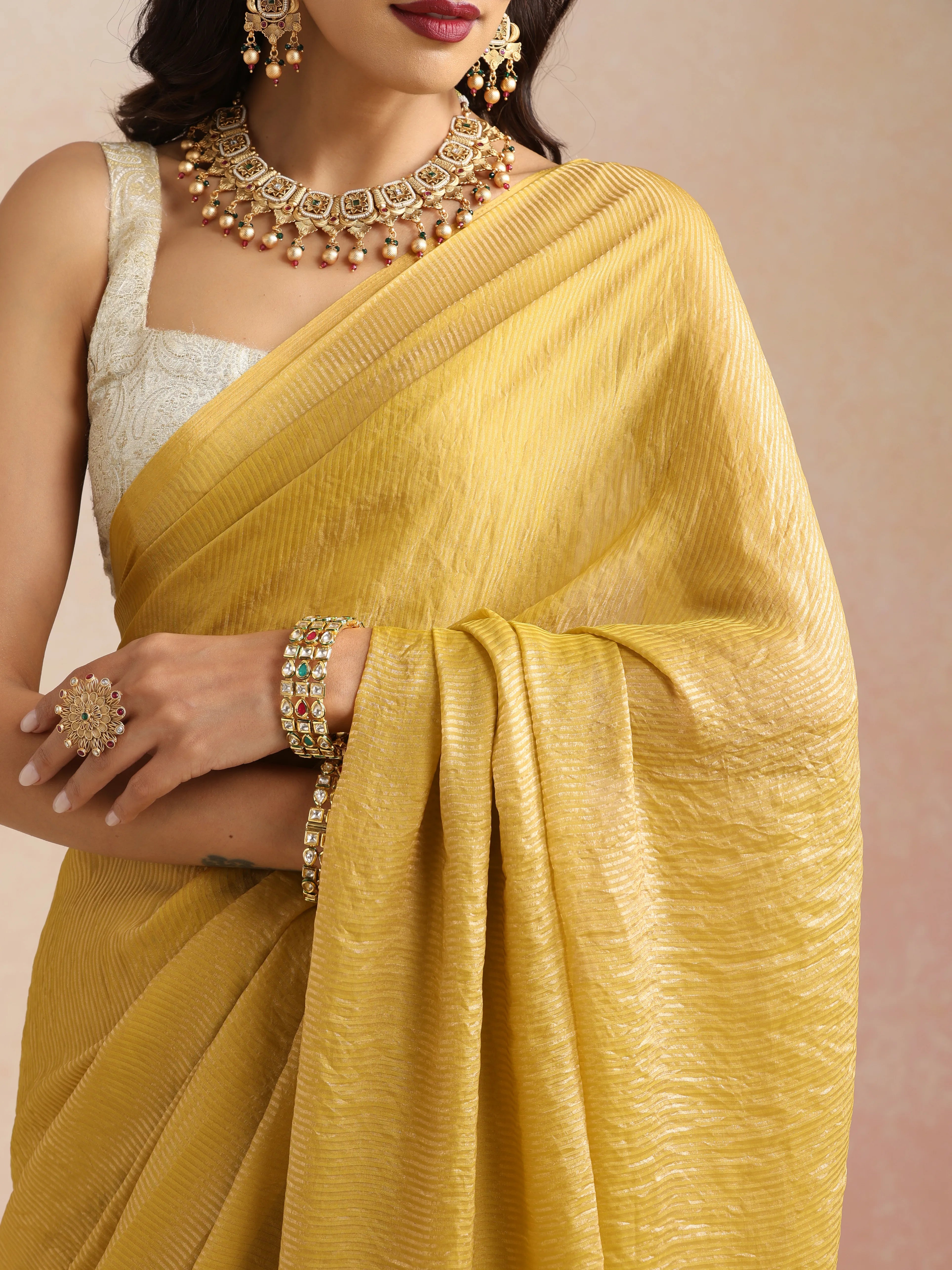trueBrowns Mustard Tissue Stripe Saree With Unstitched Blouse