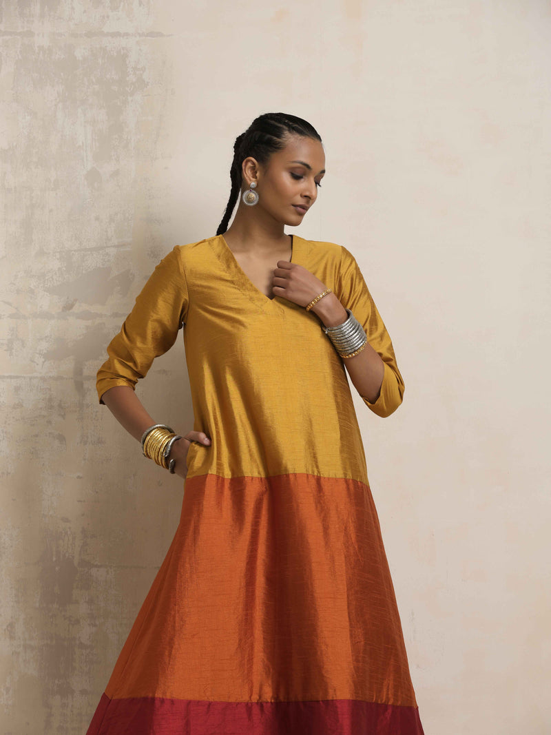 trueBrowns Gold Orange Silk A-line Kurta Set