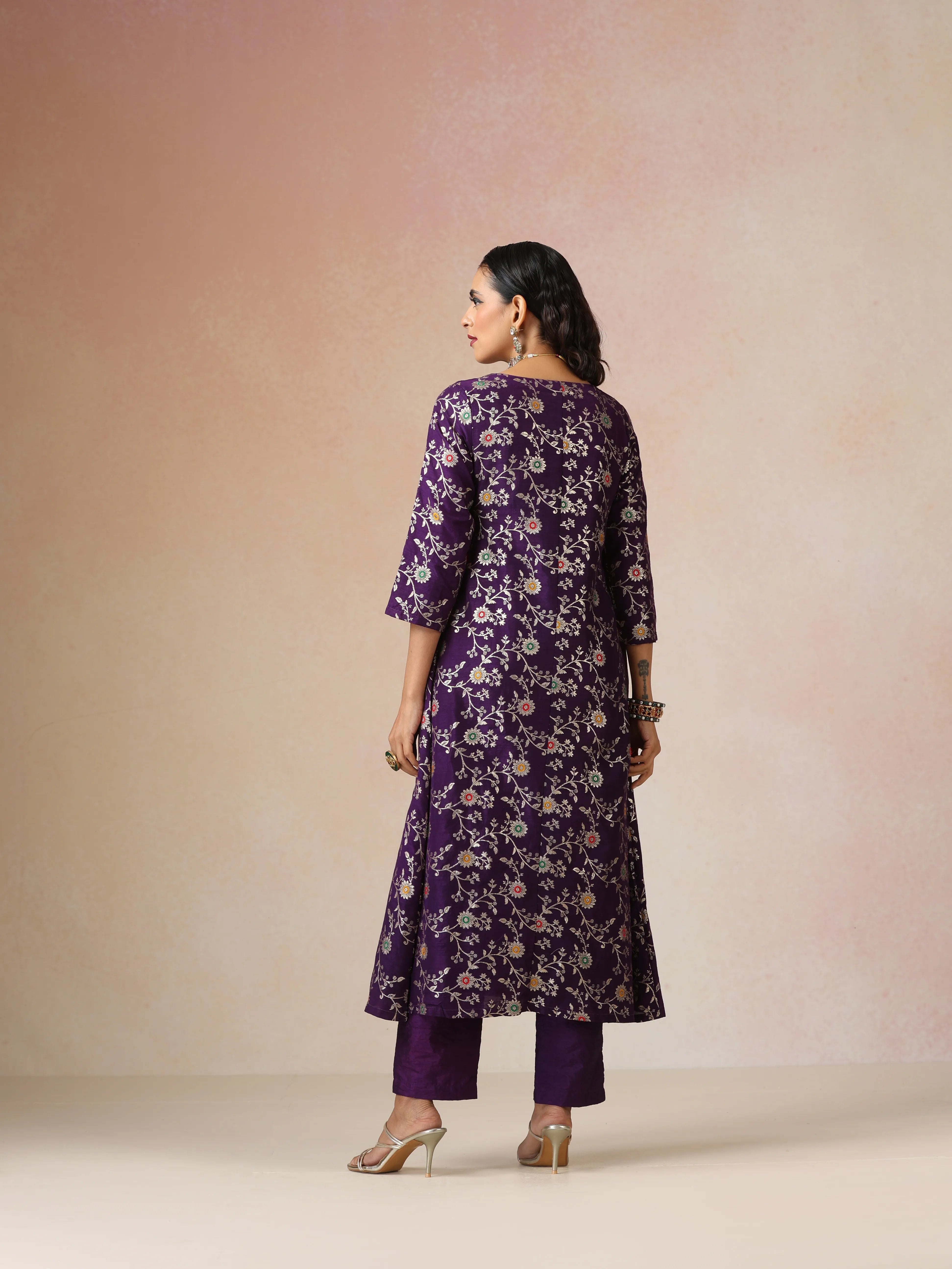  trueBrowns Purple Brocade Angrakha Kurta Set