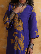 trueBrowns Purple Mustard Floral Print Muslin Silk Straight Maxi Dress