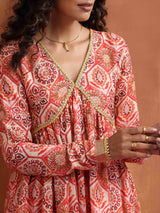 trueBrowns Beige Print Flared Anarkali Kurta Set