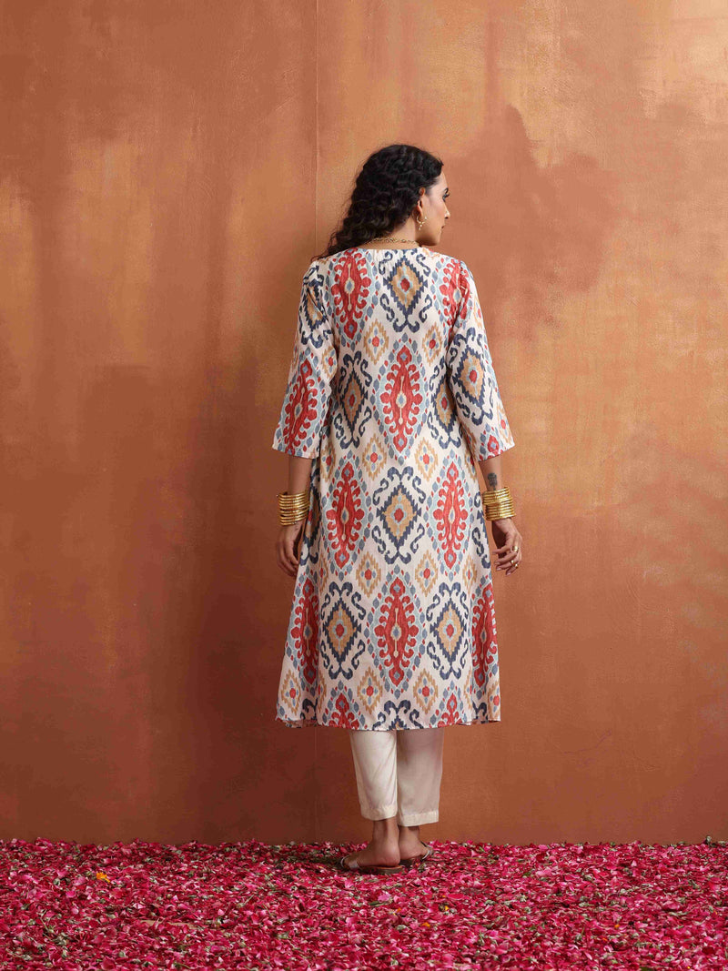 trueBrowns Off White Ikat Print Kurta Set