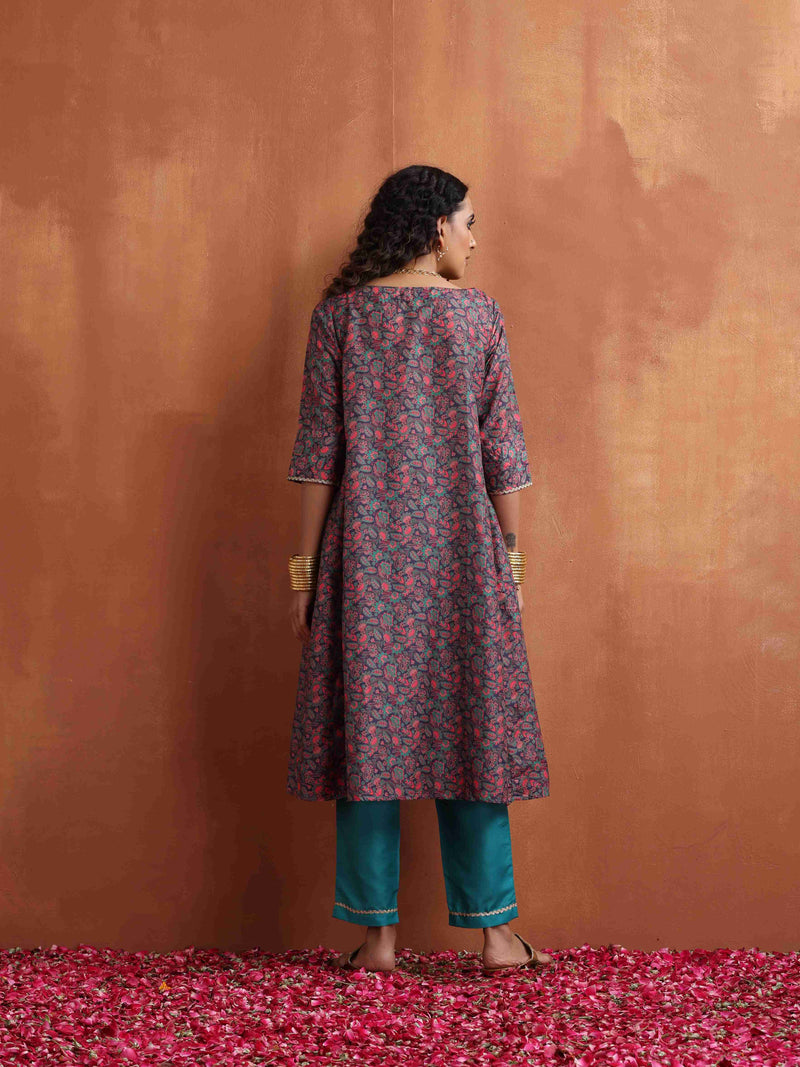 trueBrowns Purple Print A-line Kurta Set