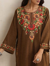 trueBrowns Brown Kashmiri Floral Embroidered Woollen Phiran Kurta