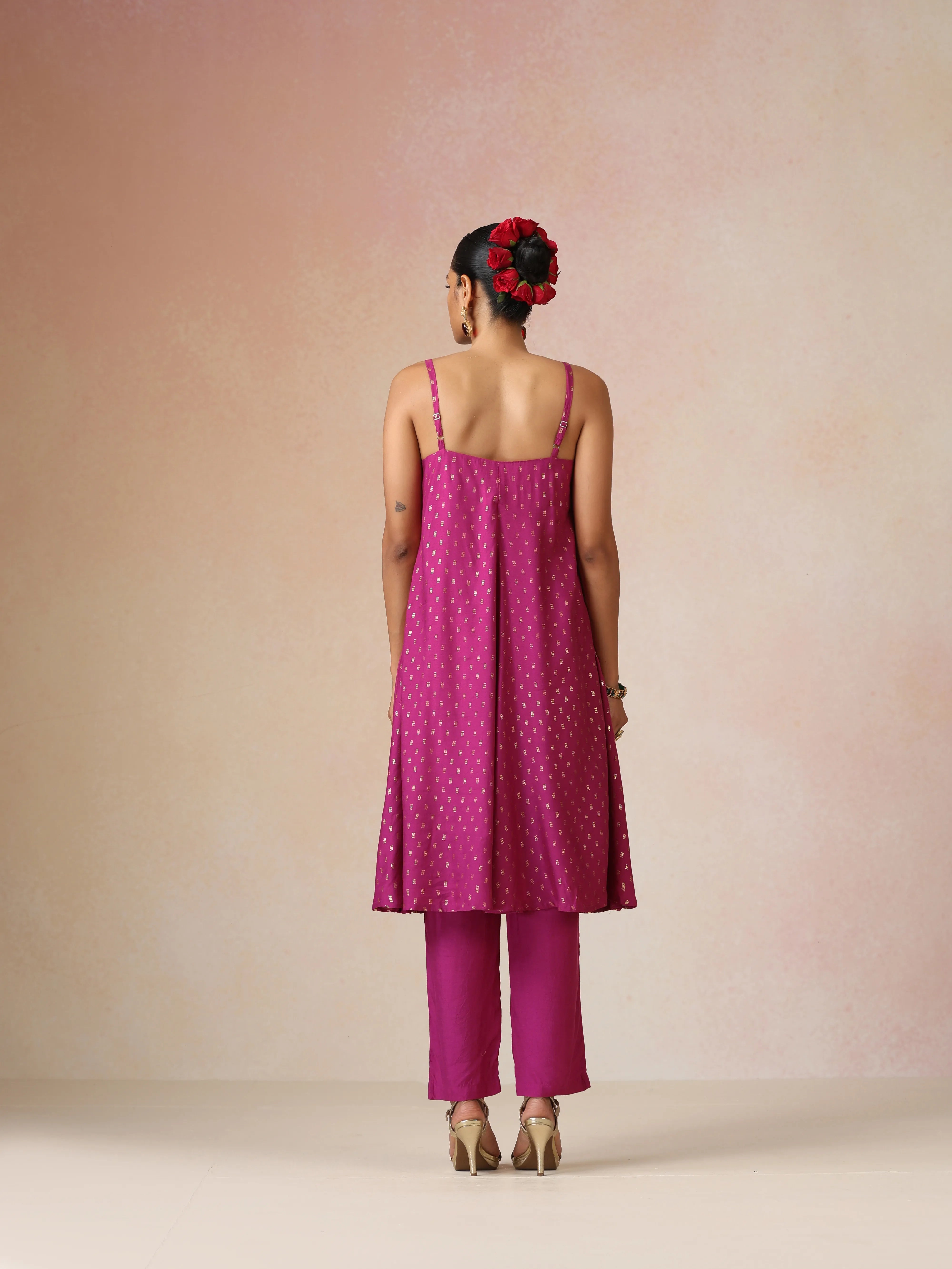 trueBrowns Pink Gold Foil Print Muslin Silk Flared Kurta Set