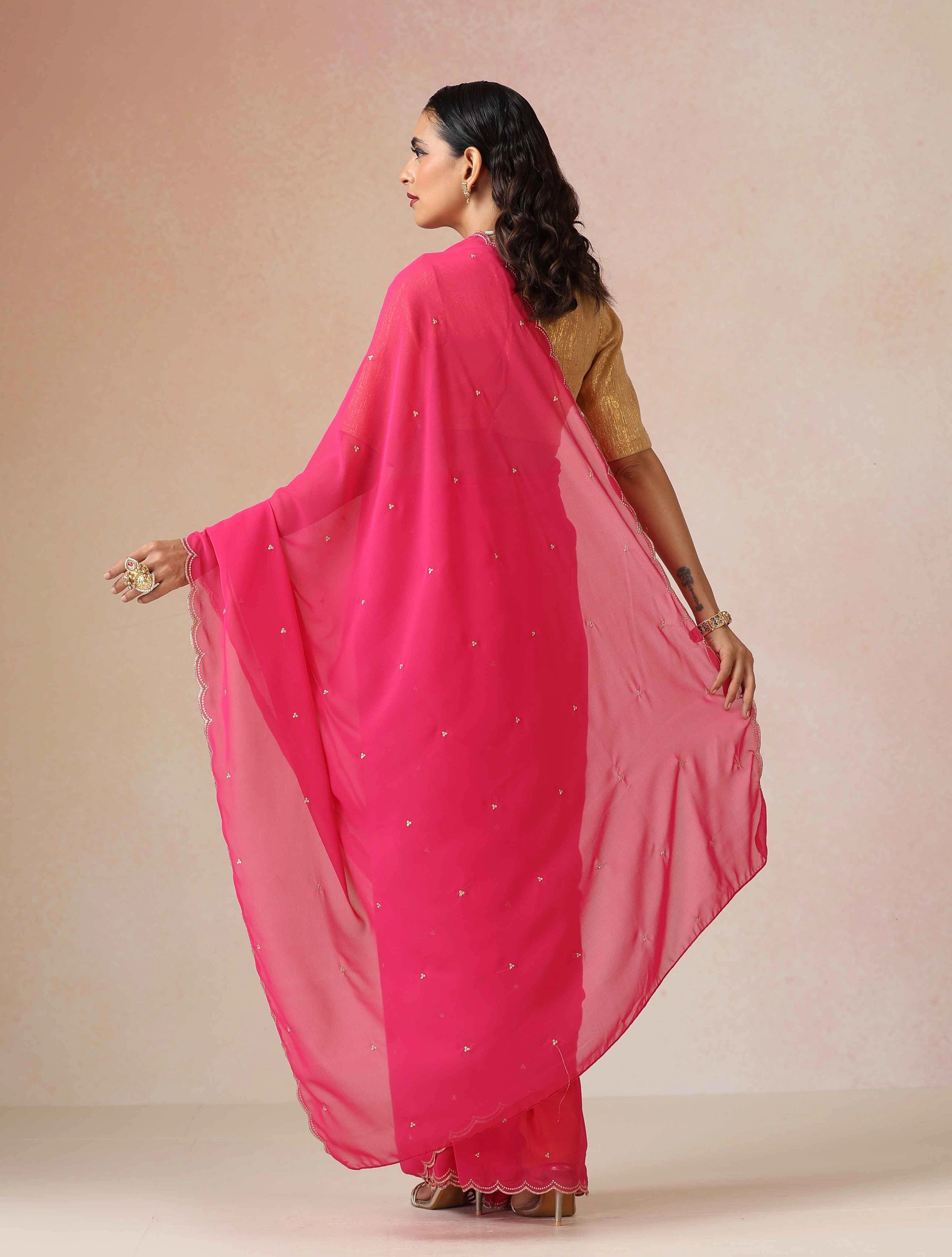 trueBrowns Pink Georgette Embroidered Saree With unstitched Blouse