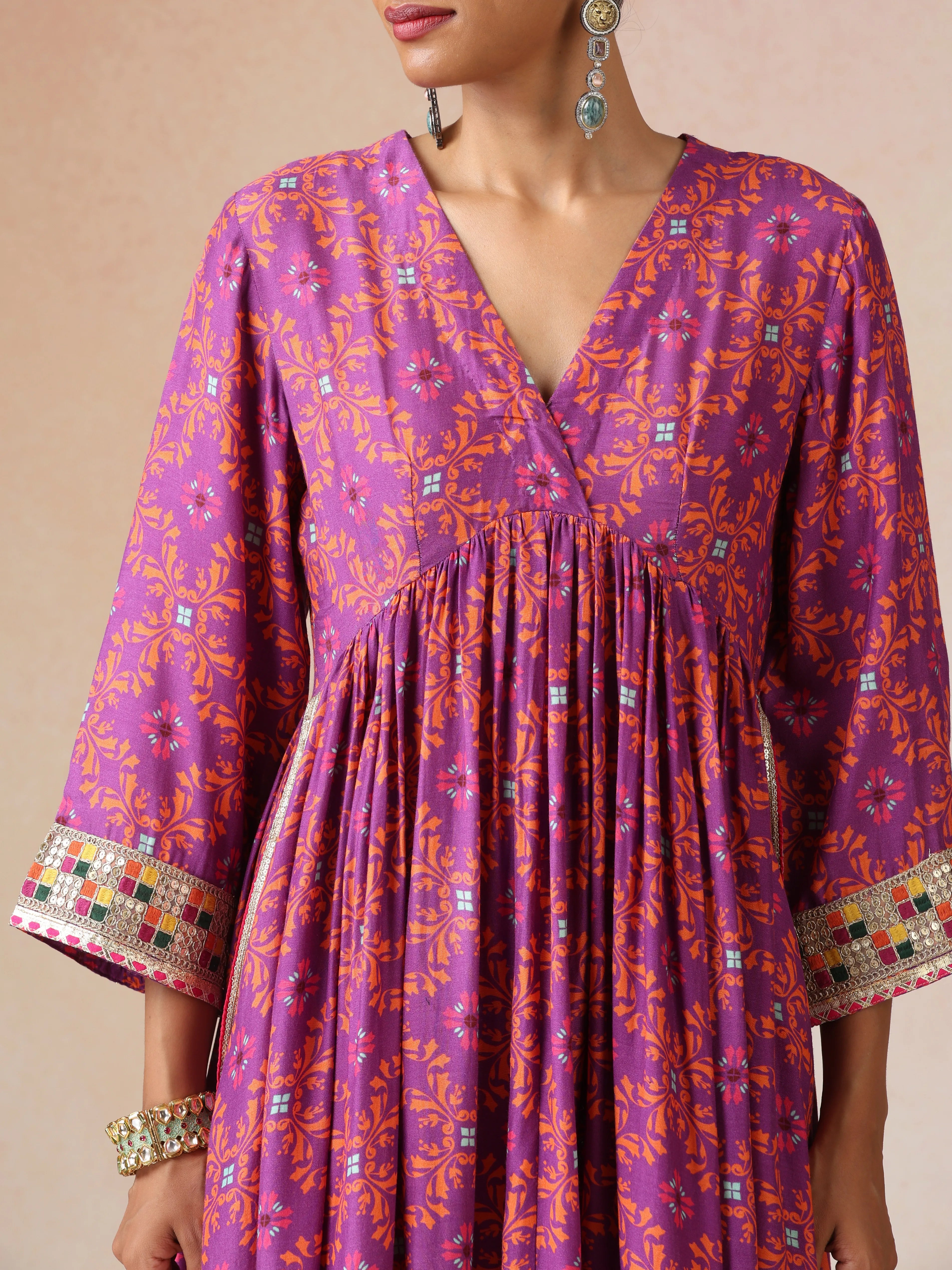 trueBrowns Purple Orange Jaal Print Viscose Anarkali High-Slit Kurta Set