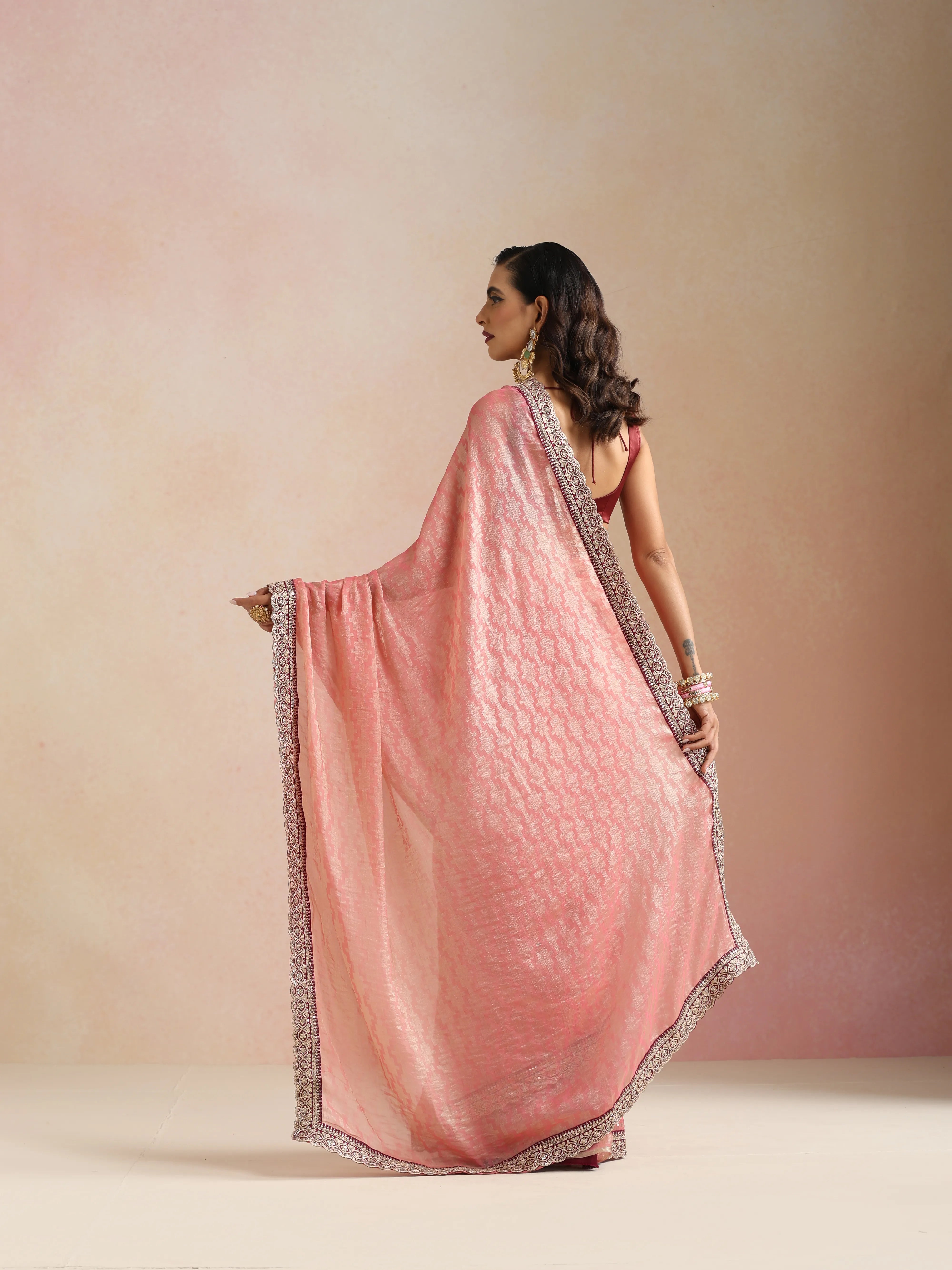 trueBrowns Peach Geometric Weave Saree With Unstitched Blouse