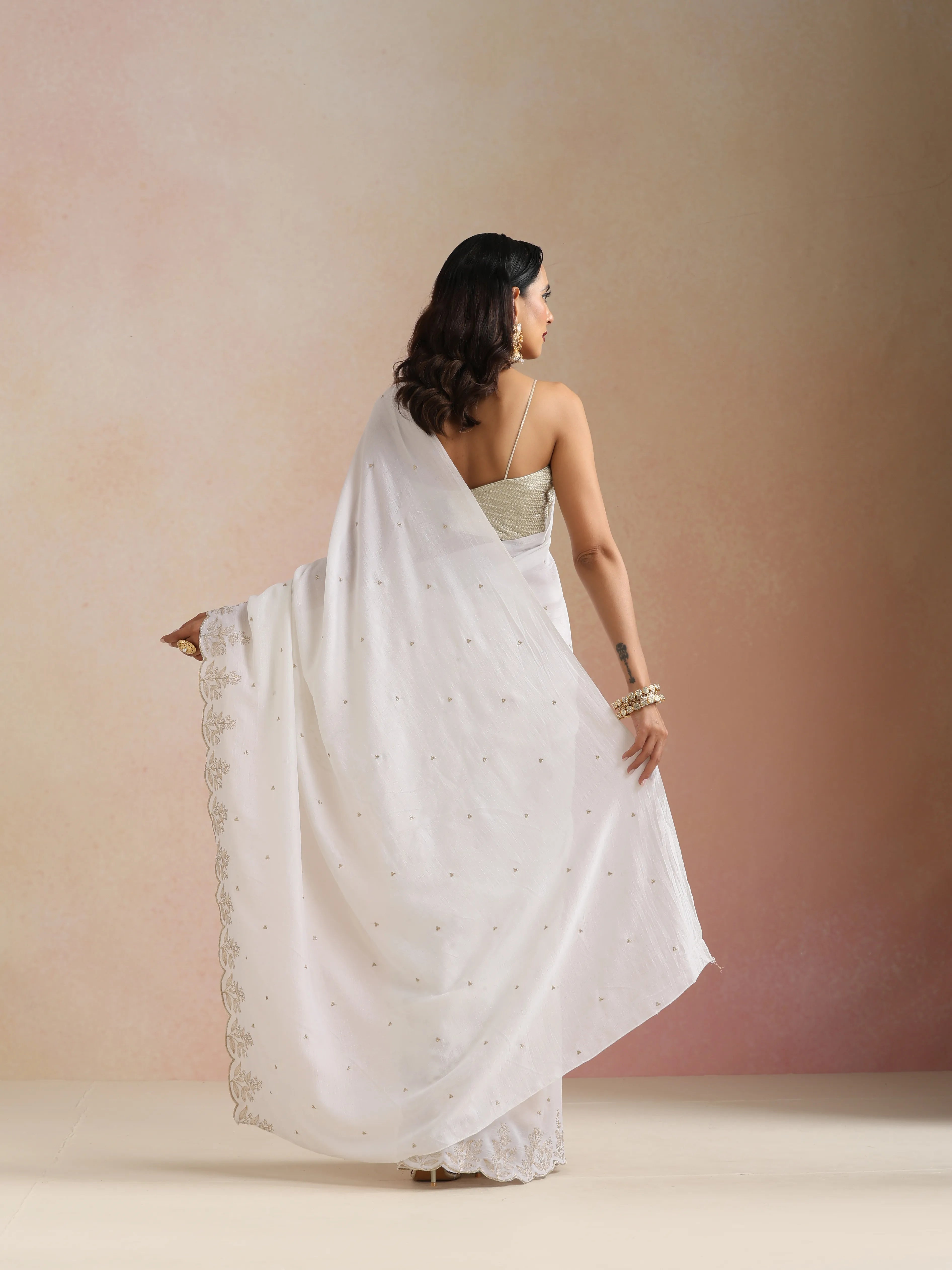 trueBrowns Ivory All Over Zari Embroidered Saree With Unstitched Blouse