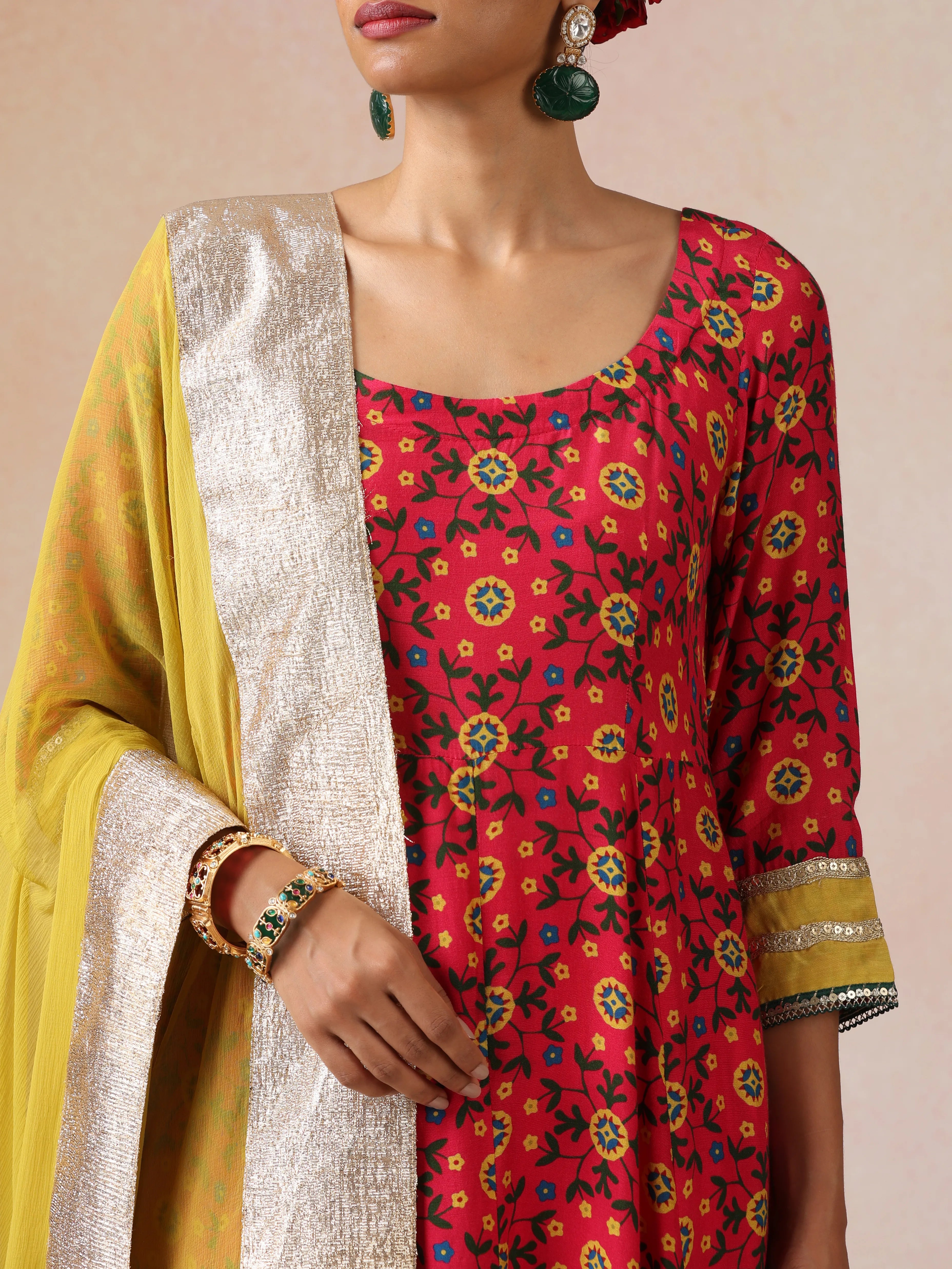 trueBrowns Pink Green Floral Print Viscose Anarkali Kurta Pants Dupatta Set