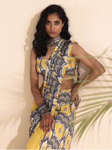 trueBrowns Yellow Muslin Ikat Saree