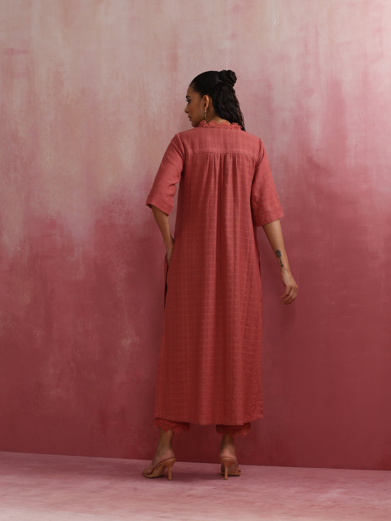 trueBrowns Peach High low Cotton Dobby Kurta Set