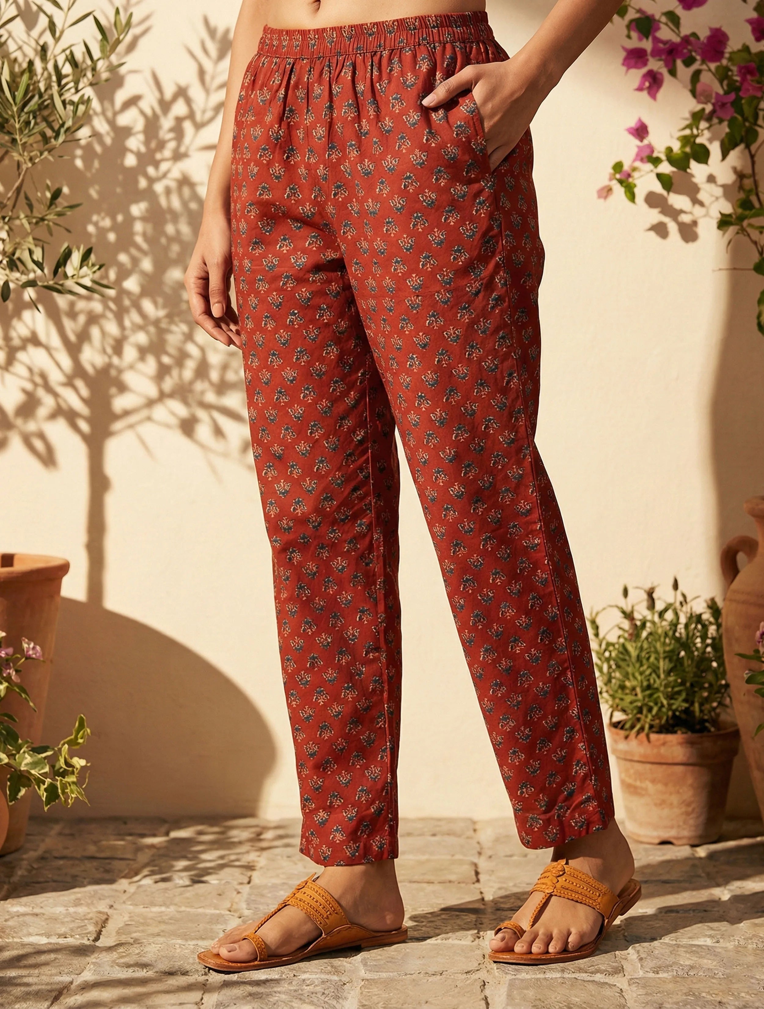 trueBrowns Rust Floral Print Embroidered V-Neck Kurta Pant Dupatta Set