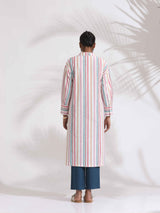 trueBrowns Off-White Cotton Multi Stripe A-line Kurta Set