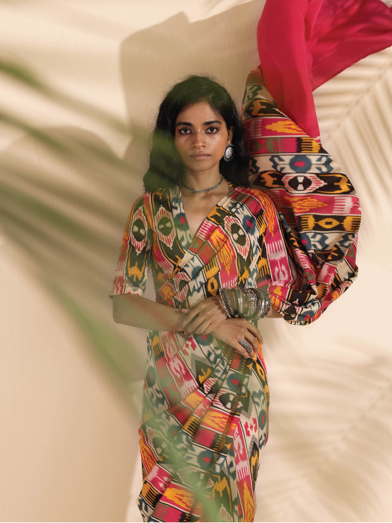 trueBrowns Cola Pink Muslin Ikat Saree