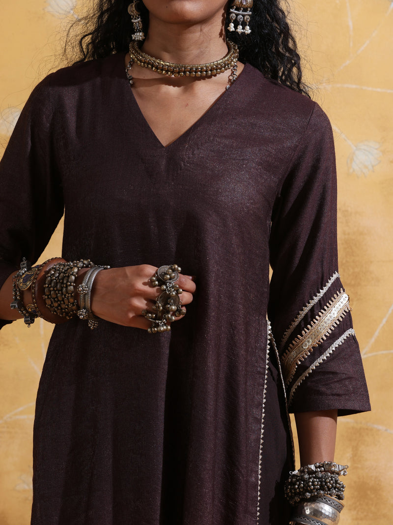 trueBrowns Brown Metallic High-Slit Straight Kurta Set