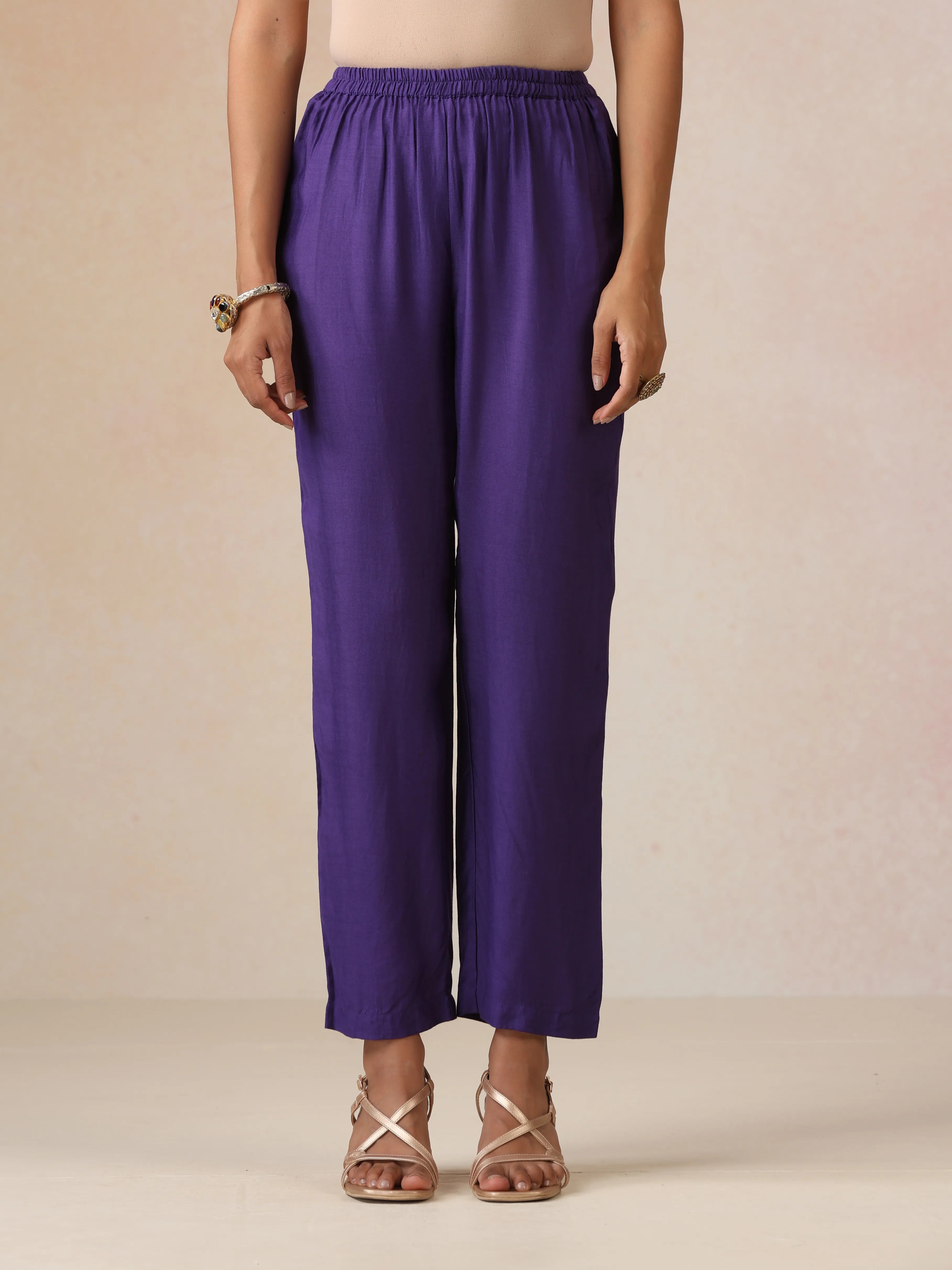 trueBrowns Purple Gold Foil Print Muslin Silk Anarkali Kurta Pants Dupatta Set