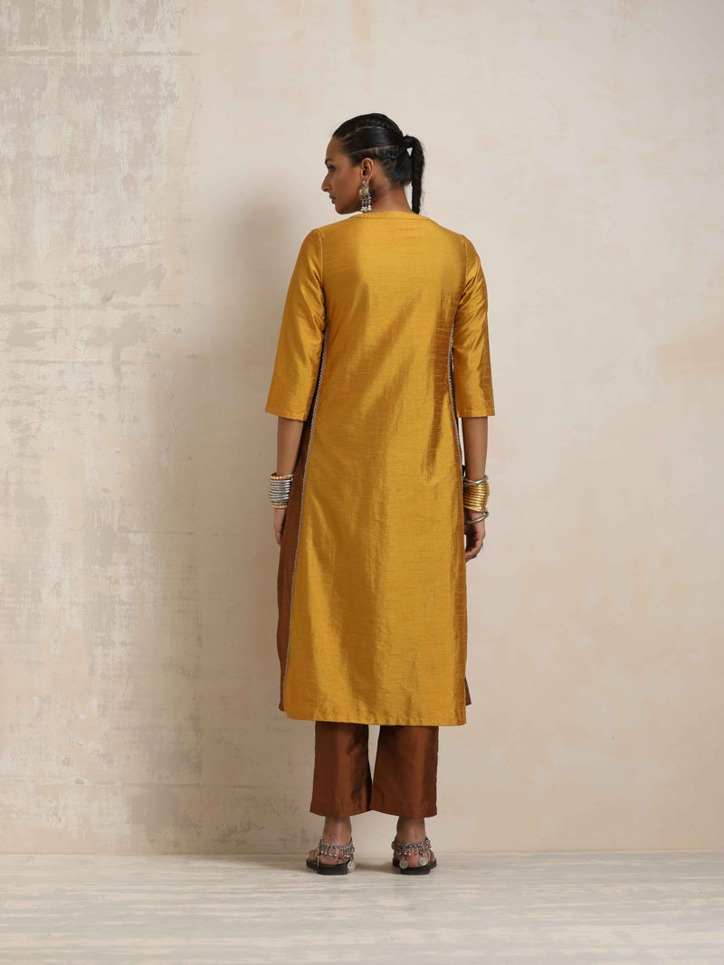 trueBrowns Gold Silk Straight Kurta Set