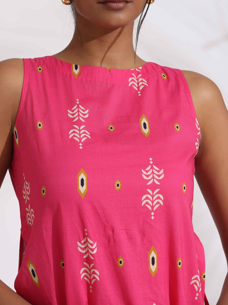 trueBrowns Pink Cotton Print Sleeveless Kurta Set
