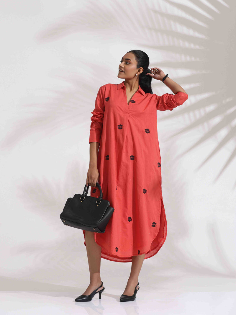 trueBrowns Orange Cotton Embroidered Flared Dress