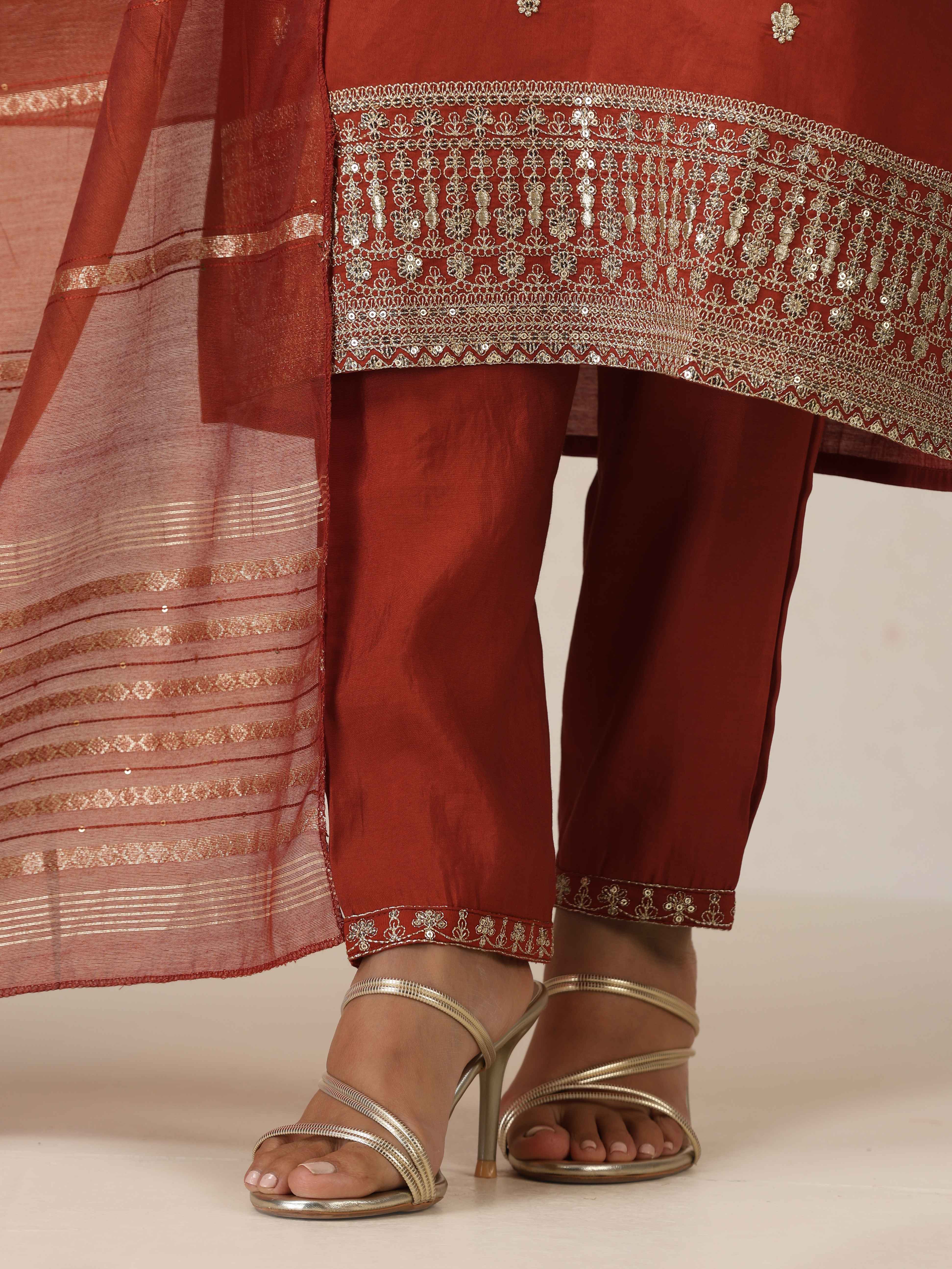 trueBrowns Rust Zari Embroidered Straight Kurta 3pc Set