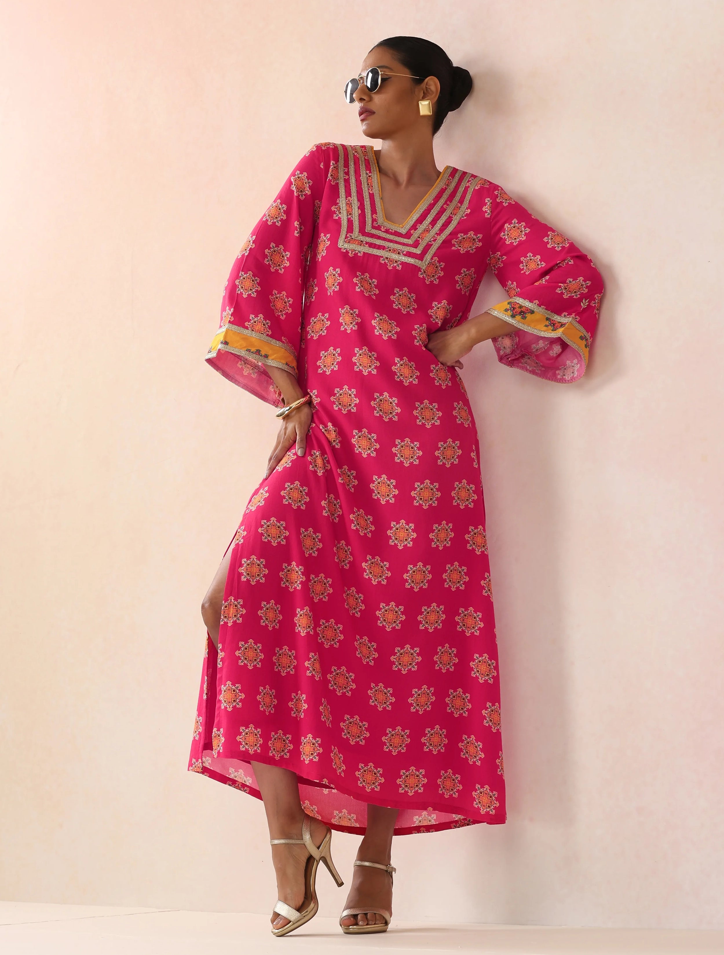 trueBrowns Pink Boota Print Viscose Straight Maxi Dress