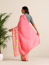 trueBrowns Pink Lime Muslin Ikat Saree