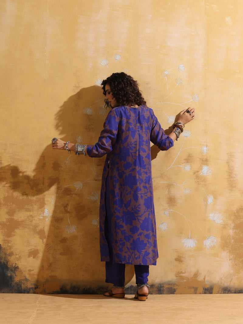 trueBrowns Purple Jaal Print Muslin Silk Straight Kurta Set