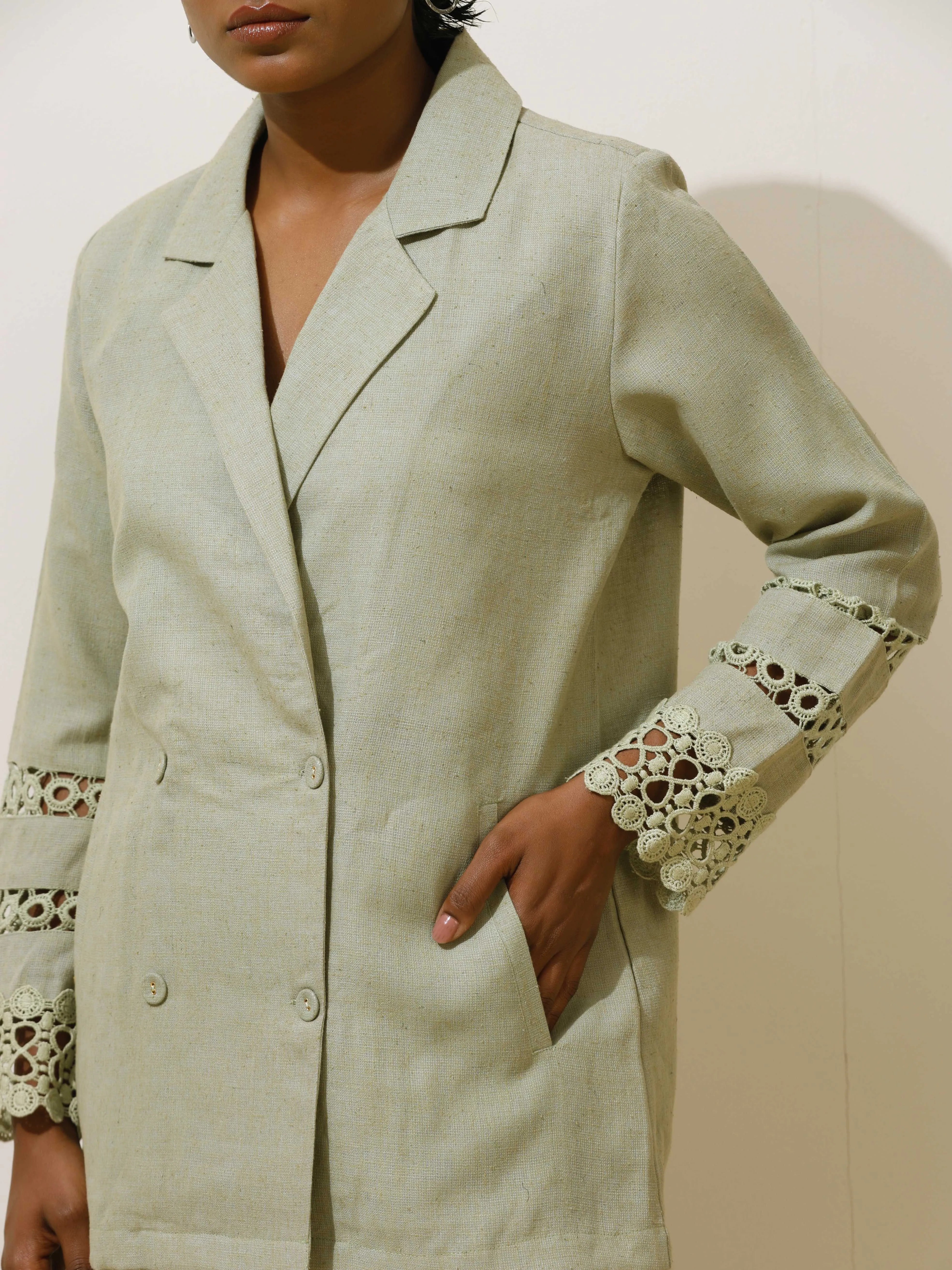 trueBrowns Matcha Green Crochet Natural Cotton Blazer Co-ord Set