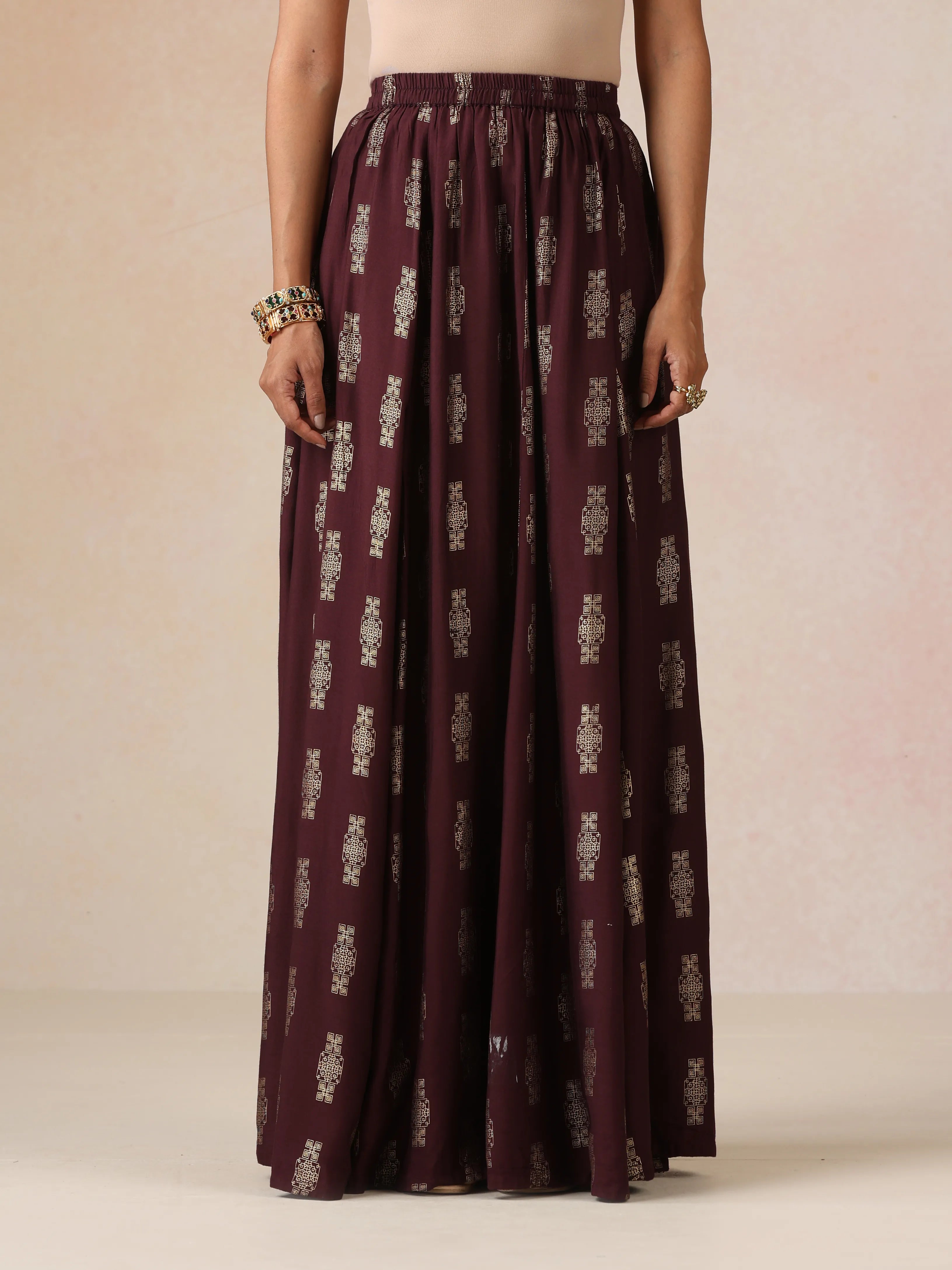 trueBrowns Cola Gold Foil Print Muslin Silk Jacket Skirt Co-ord Set