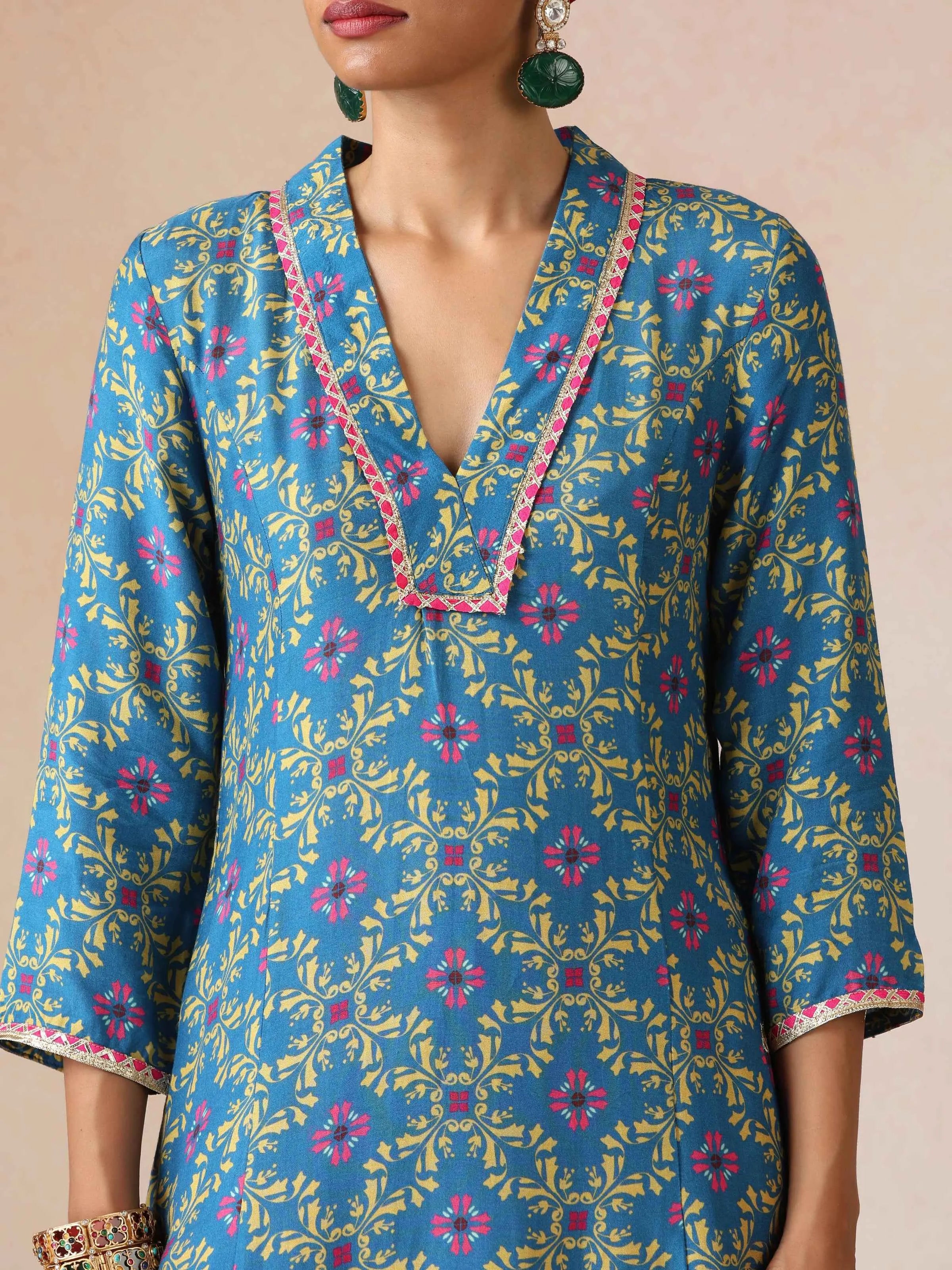 trueBrowns Blue Lime Jaal Print Viscose A-line Kurta Set