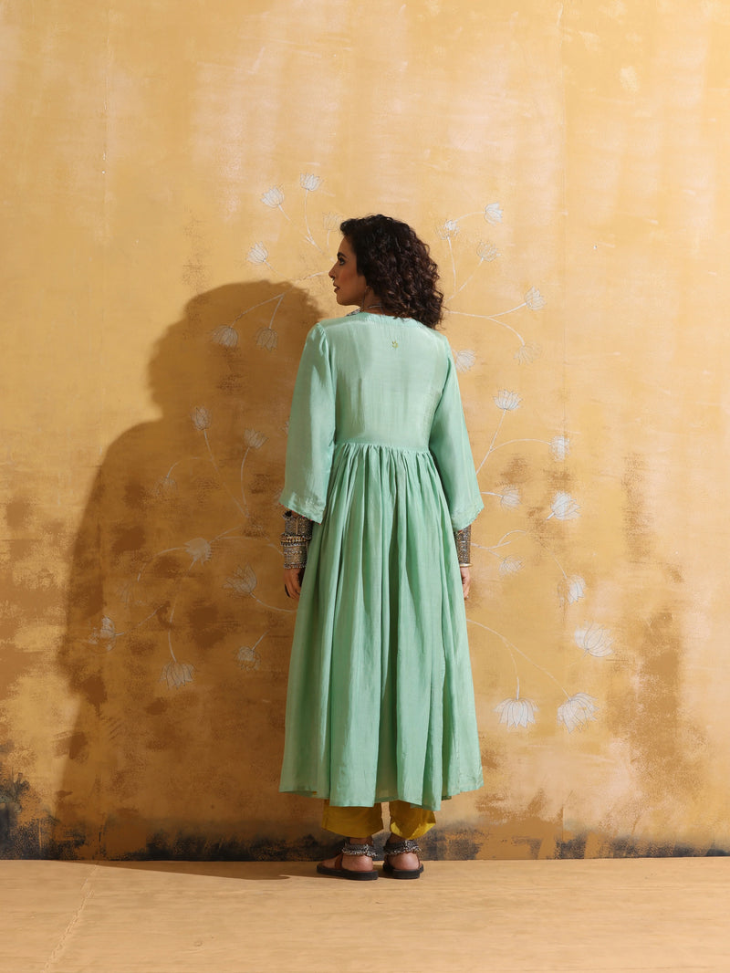 trueBrowns Mint Green Muslin Silk Anarkali Kurta Pant Set