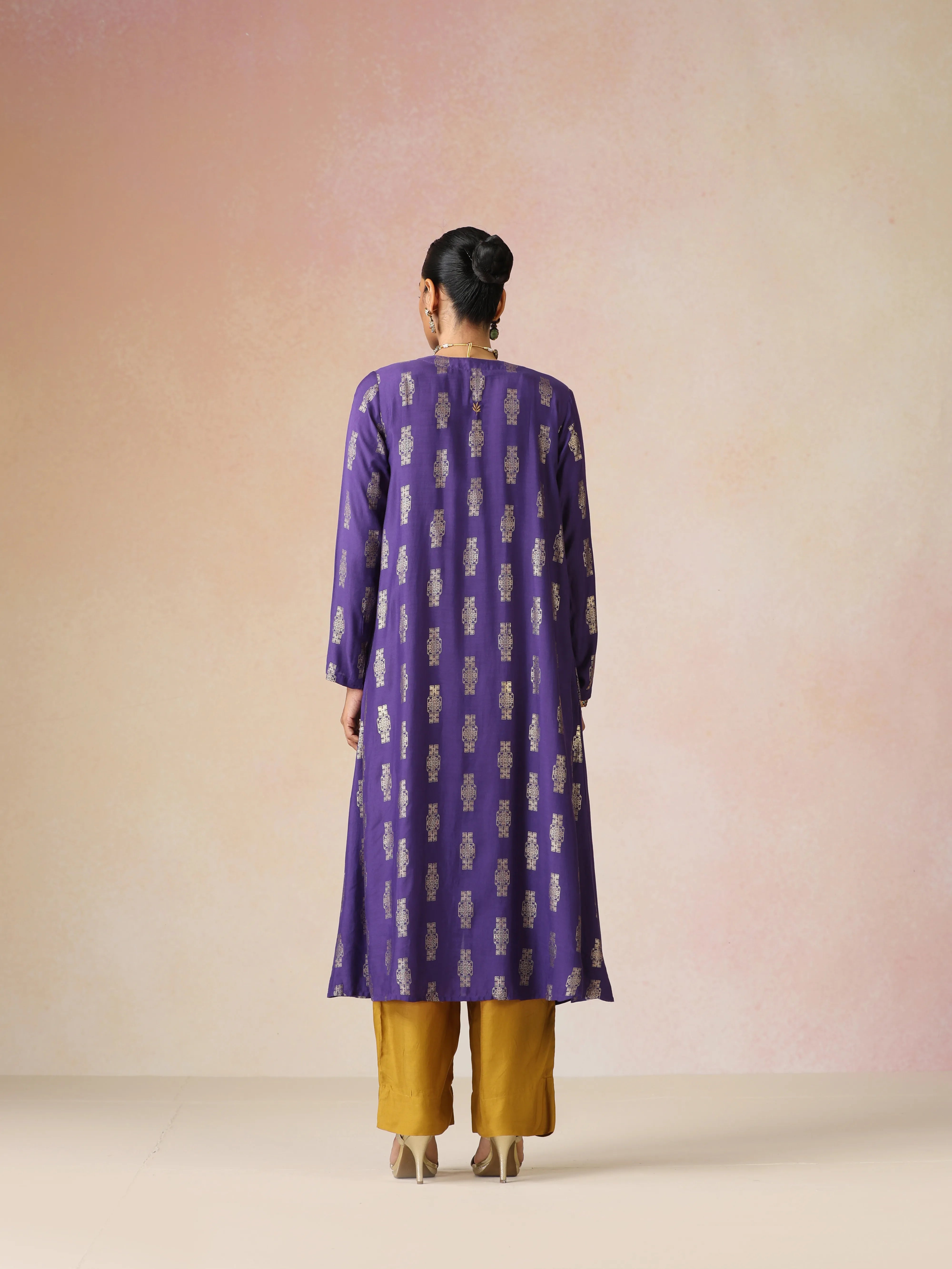 trueBrowns Mustard and Purple Gold Foil Print Muslin Silk Jacket Set