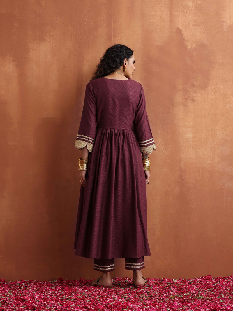 trueBrowns Maroon Flared Anarkali Kurta Set